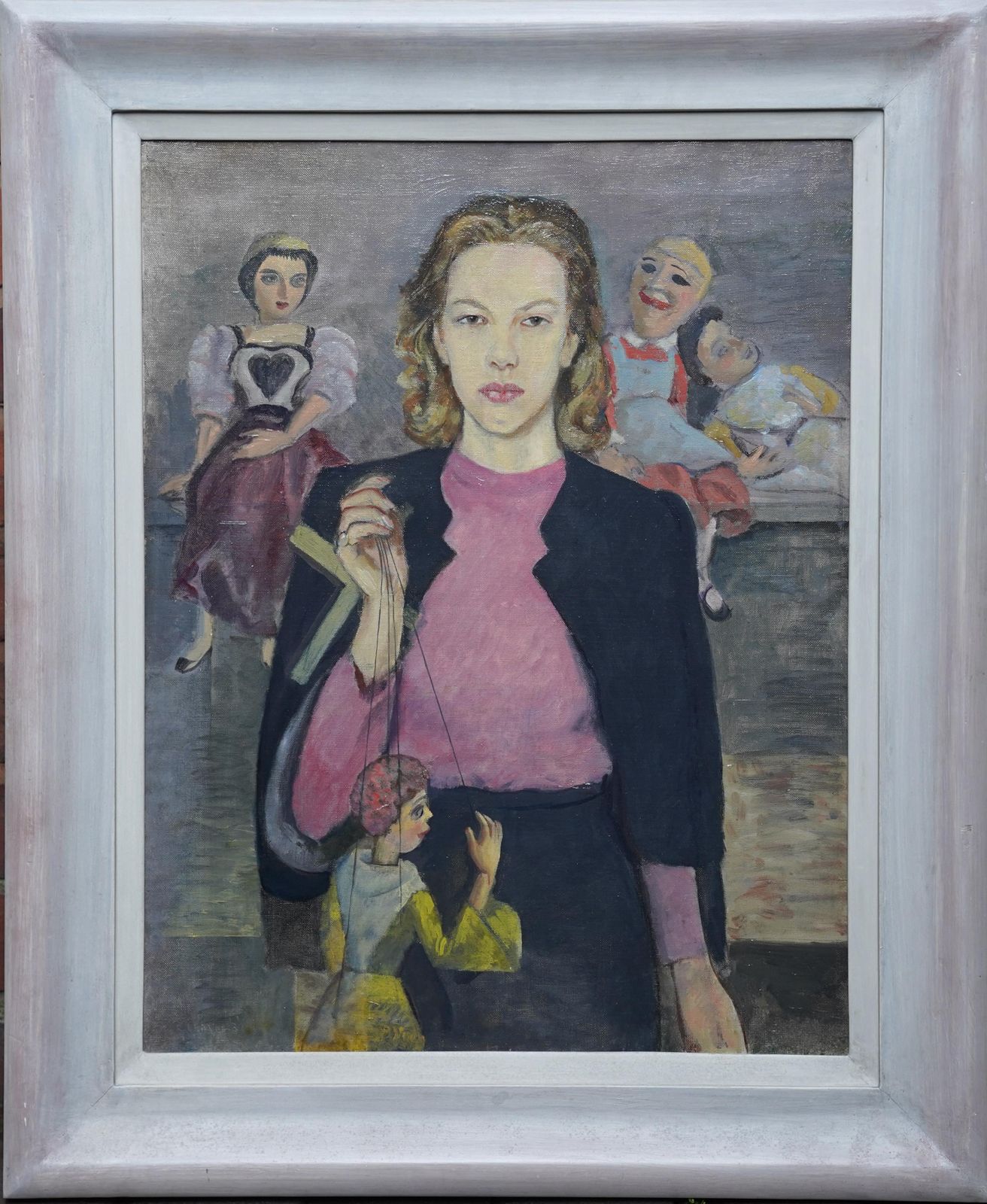 photo vinterior James Cleaverportrait Of Caroline And Her Puppets   British 1930s Theatrical Art Oil Painting1937