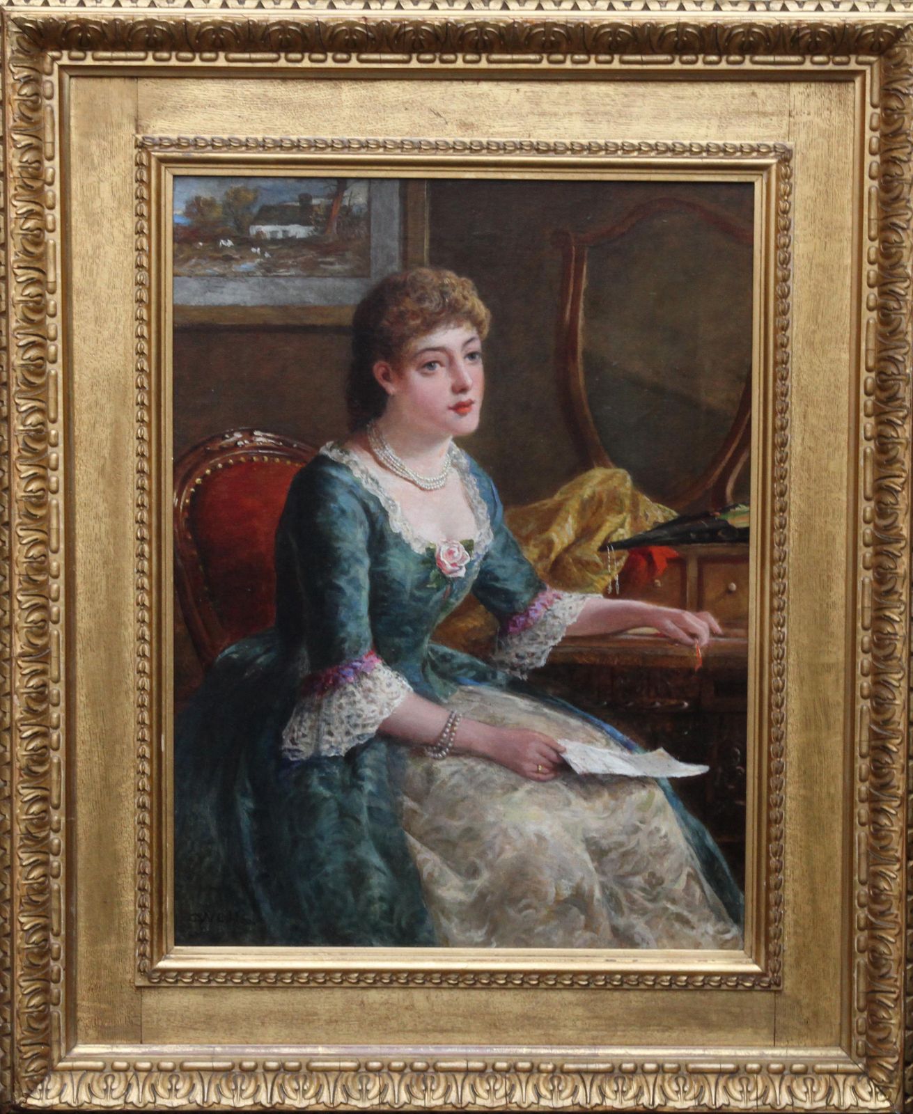 George Wellsportrait Of Chlorinda With Letter   British Art Victorian Genre Oil Painting Circa 1880