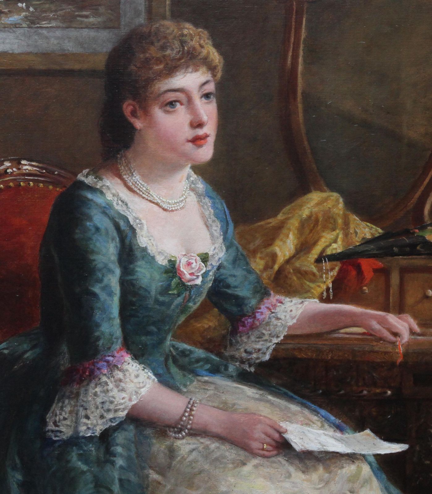 George Wellsportrait Of Chlorinda With Letter   British Art Victorian Genre Oil Painting Circa 1880 photo for sale