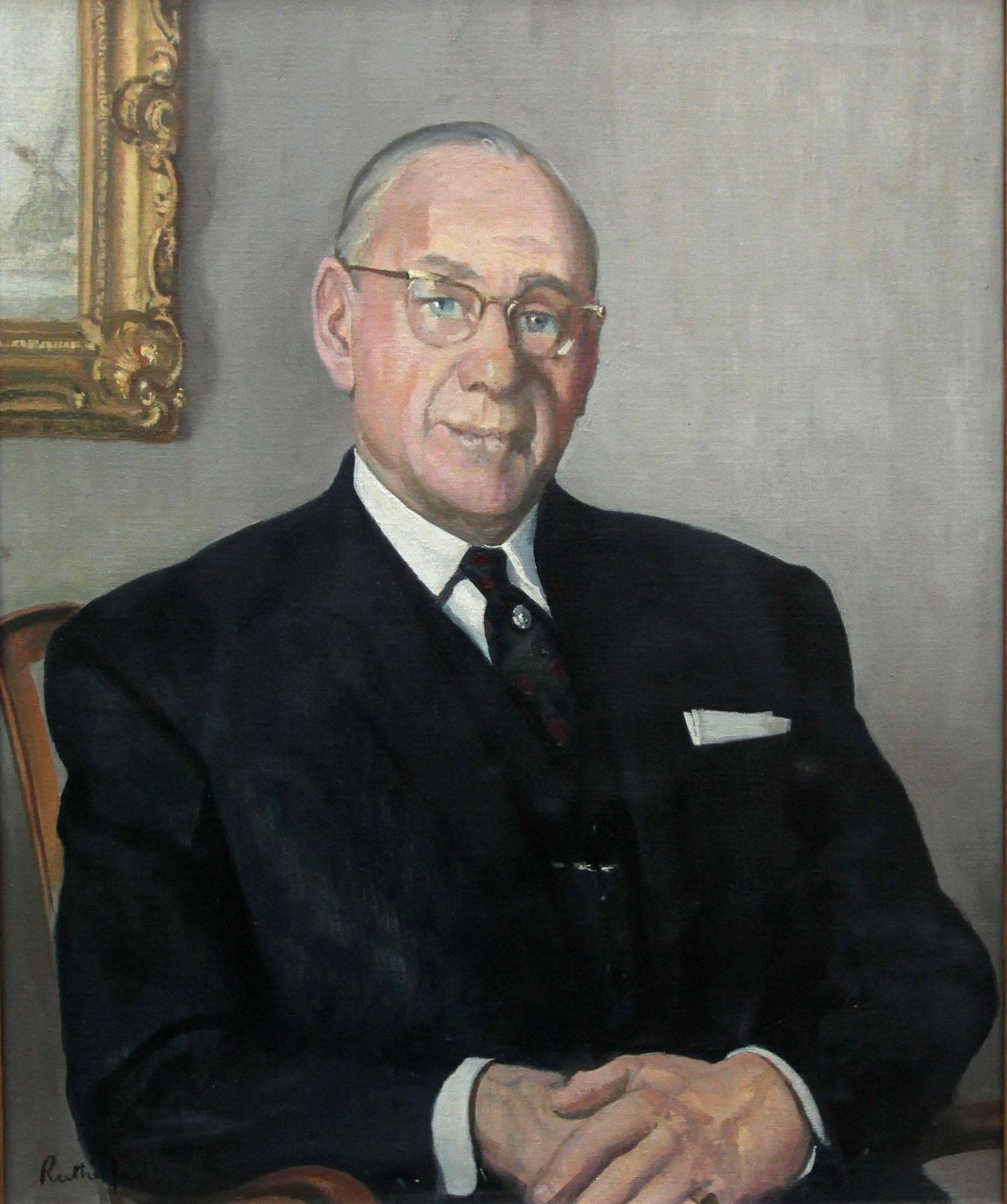 Harry Rutherfordportrait Of A Gentleman   British Oil Painting Interior Seated Suited Man Circa 1970 photo furniture