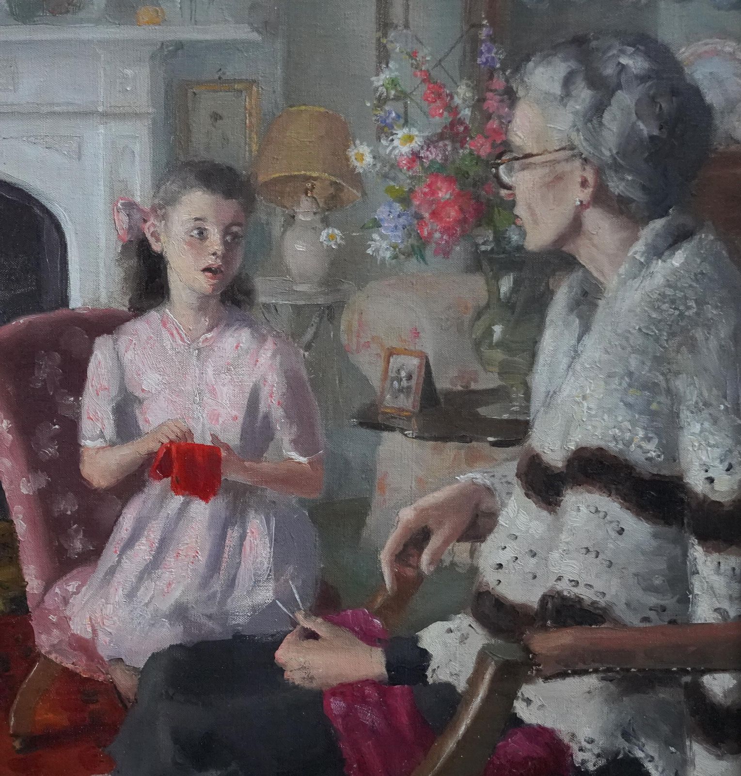 Anthony Devasgrandma And Grand Daughter In An Interior   British 40's Portrait Oil  Paintingcirca 1940 photo for sale