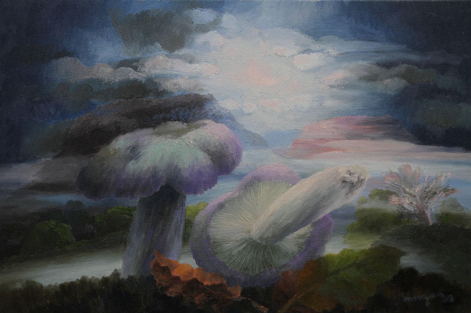 Glyn Morganlandscape With Mushrooms II   Welsh Art Abstract 1990 Oil Painting Trees Sky1990