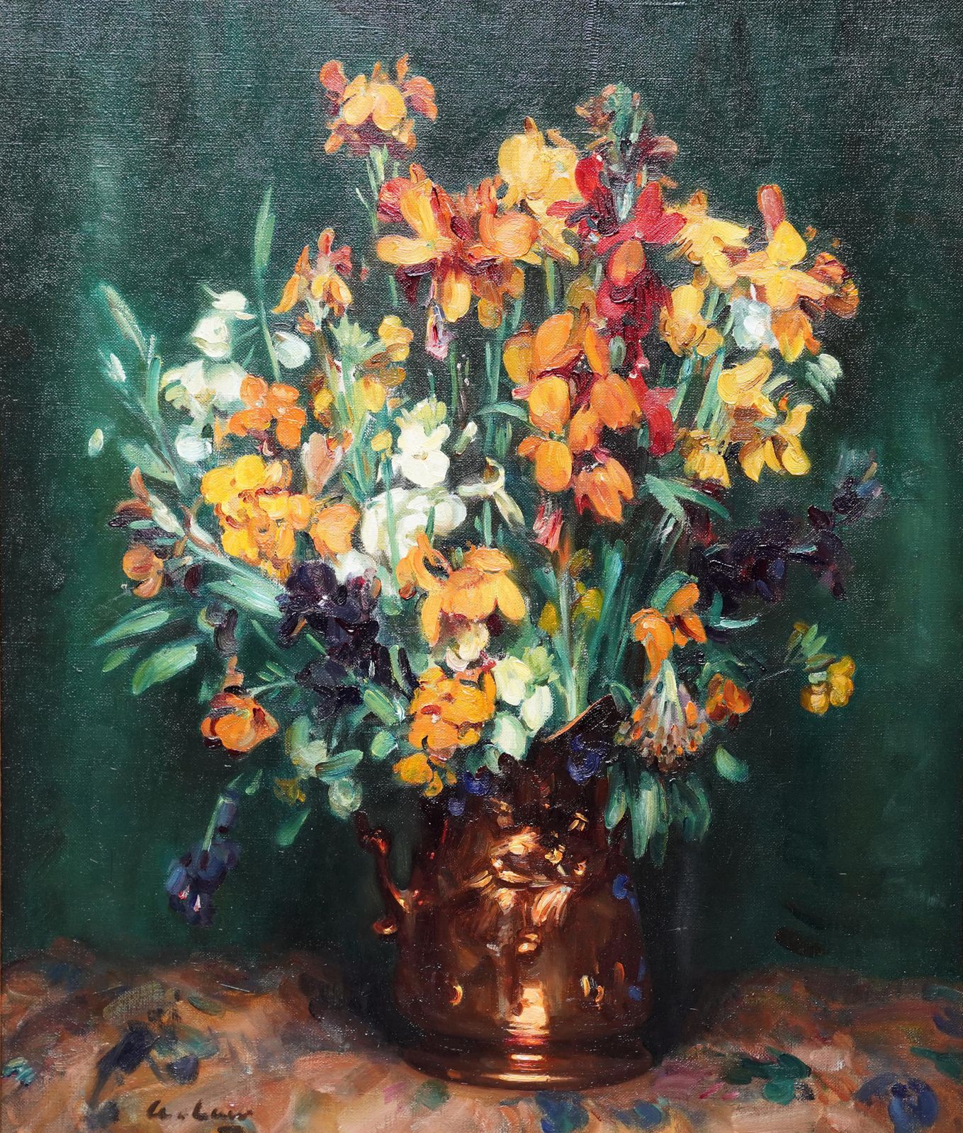 Andrew Lawstill Life Of Wallflowers   Scottish 1920's Exh. Floral Art Flower Oil Paintingcirca 1920 photo furniture