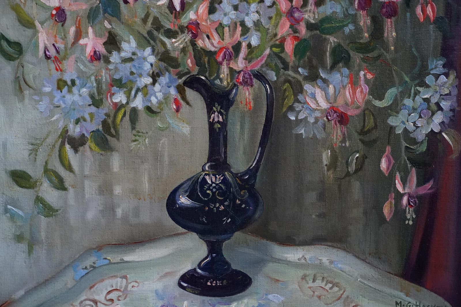 Marion Grace Hockenfloral Of Fuchsias In A Blue Vase   British Fifties Still Life Art Oil Paintingcirca 1950 photo 3571.0