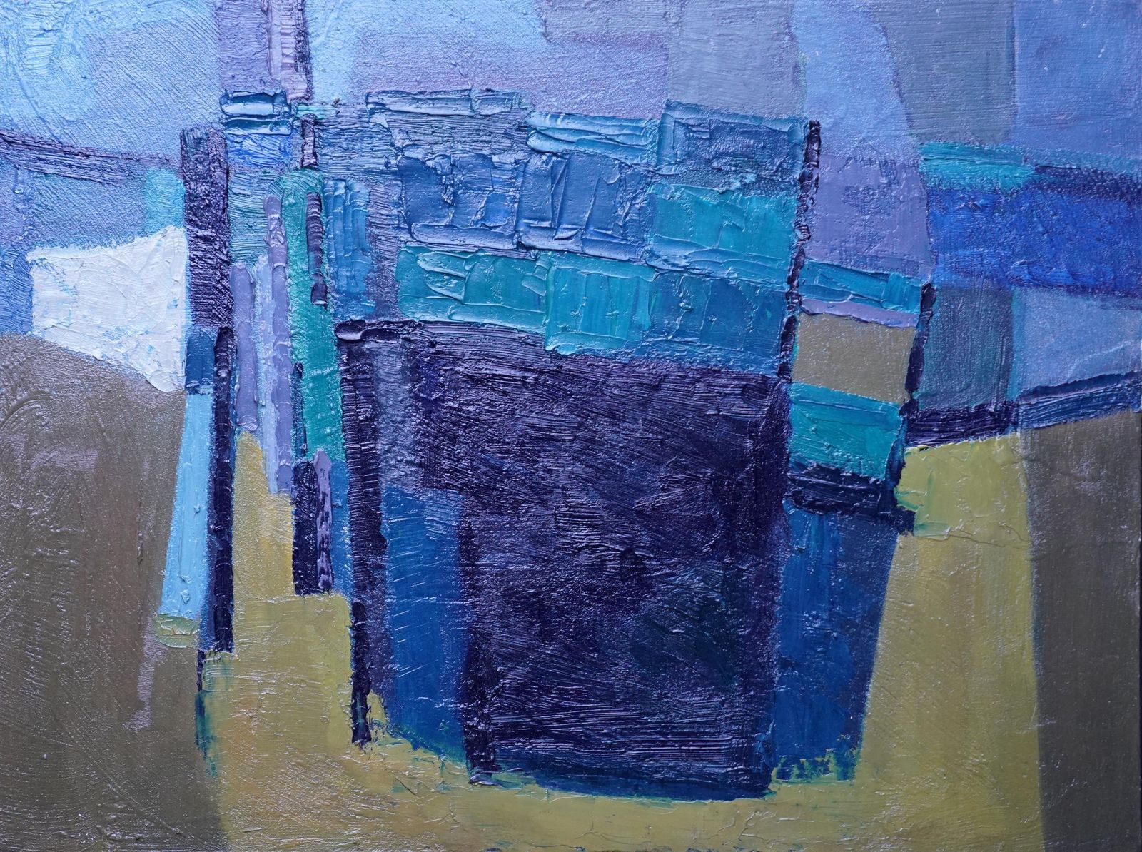 Peter L. Fieldblue Yellow Abstract   British Sixties Abstract Art Oil Paintingcirca 1960 photo furniture