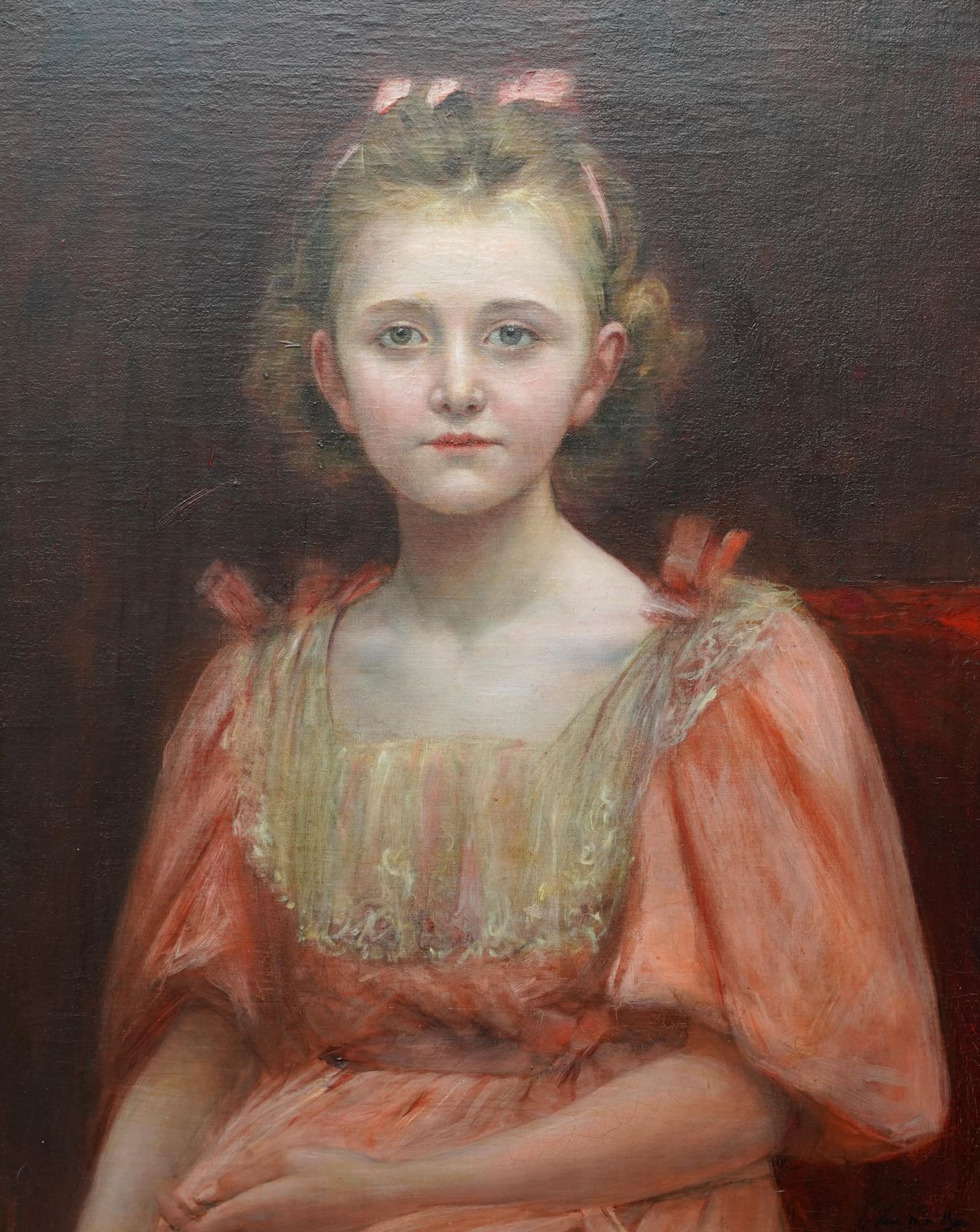 Georges Van Den Bosportrait Of A Young Girl In Peach Dress   Edwardian Art Oil Paintingcirca 1905 photo furniture