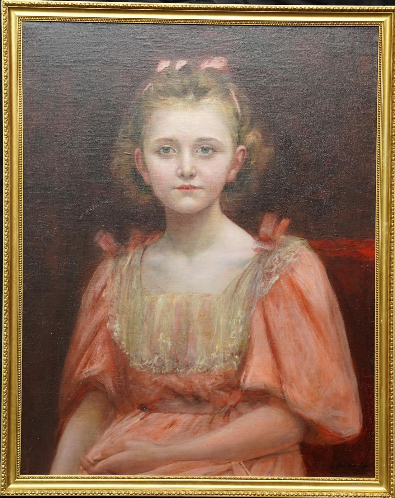 photo vinterior Georges Van Den Bosportrait Of A Young Girl In Peach Dress   Edwardian Art Oil Paintingcirca 1905