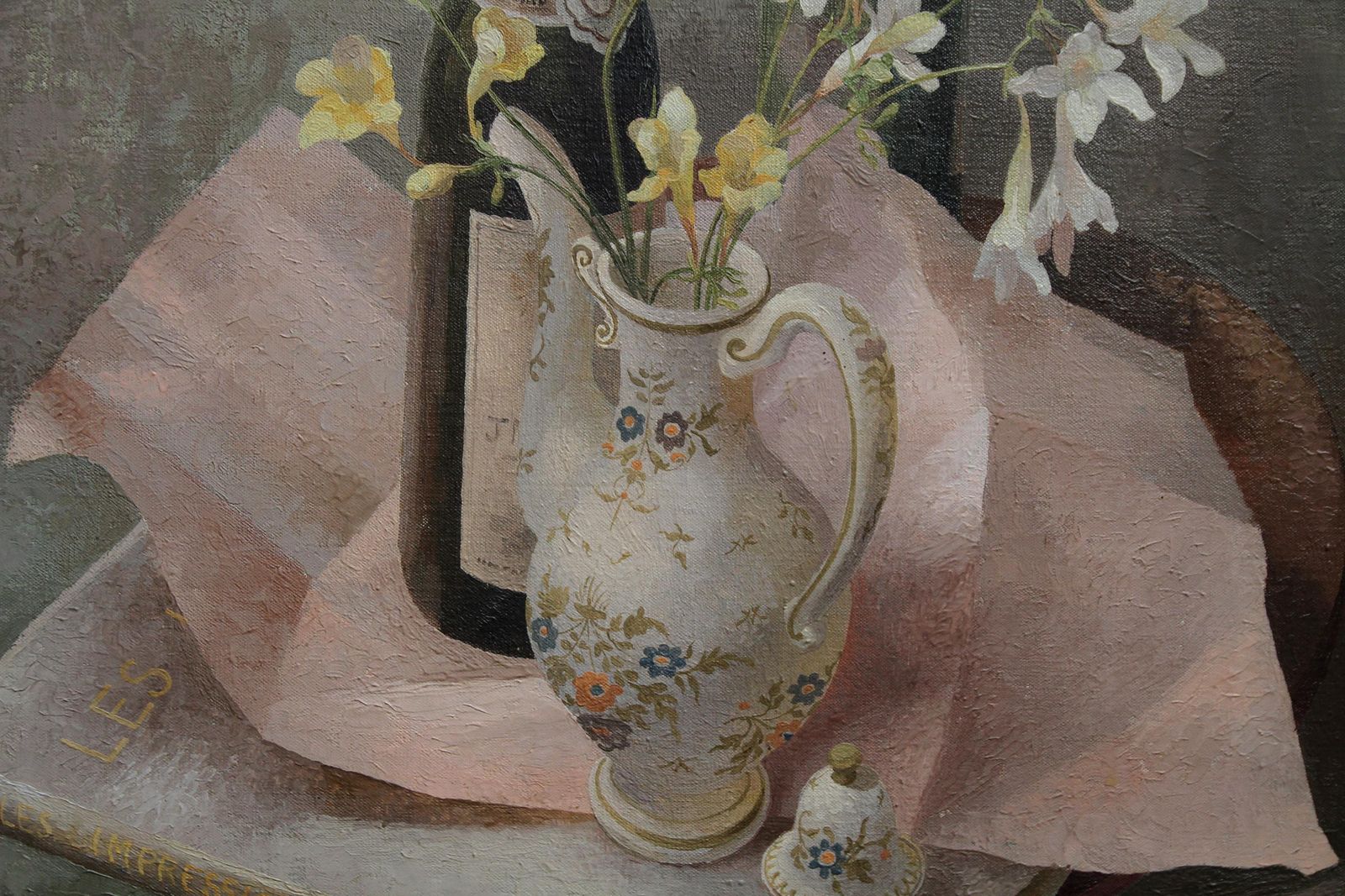 Mary Kent Harrisonfrench Coffee Pot   British Exh Art 1960s Floral Still Life Oil Painting Flowers1960 photo Art
