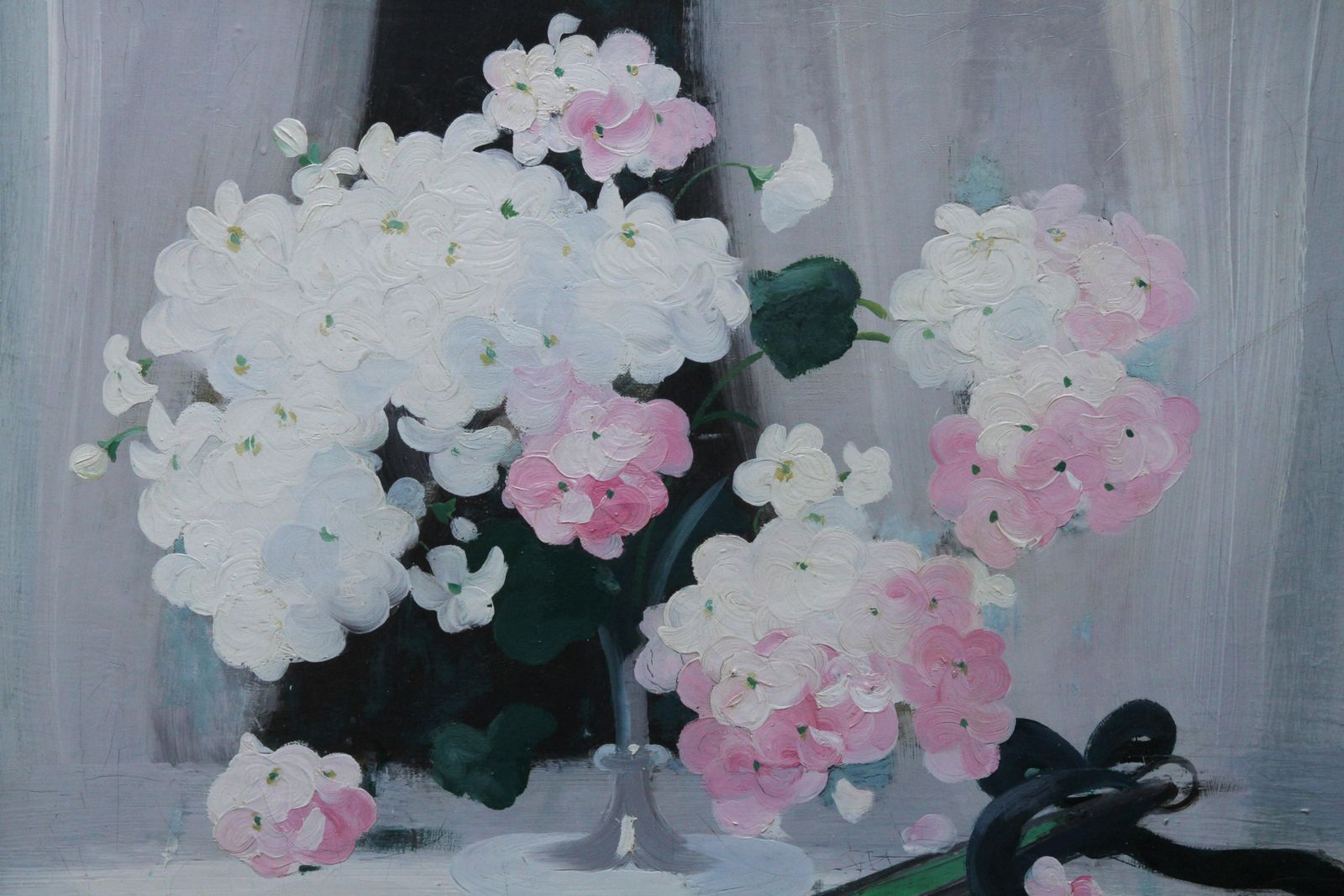 James Stuart Parkhydrangea With Fan   Scottish Art 19thc Glasgow Boy Artist Floral Oil Paintingcirca 1900 photo for sale