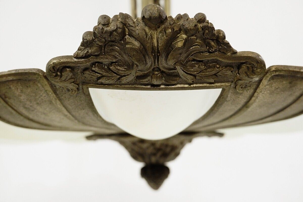 French Art Deco Frosted Glass And Bronze Pendant Chandelier, 1920s photo for sale