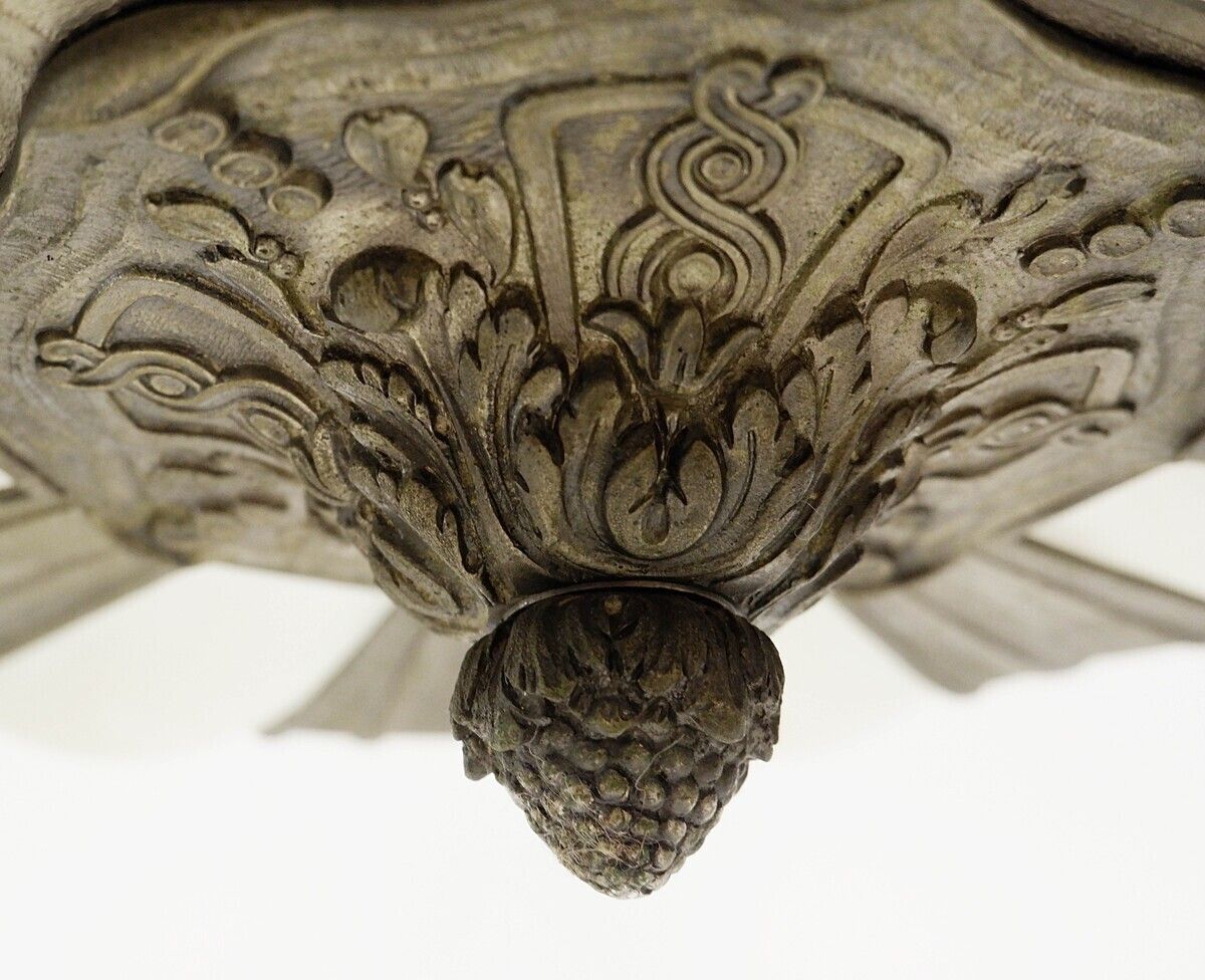 French Art Deco Frosted Glass And Bronze Pendant Chandelier, 1920s photo vinterior