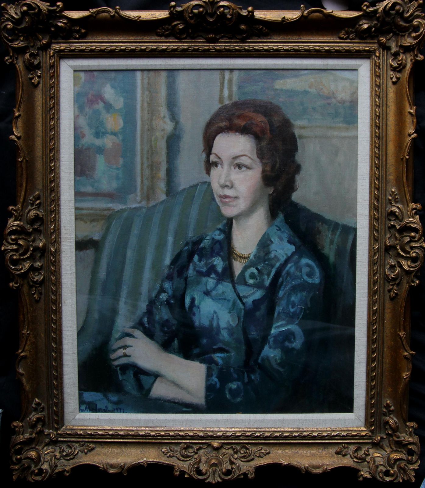 photo furniture Harry Rutherfordportrait Of A Lady In Blue   British 20thc Art Oil Painting Living Room Interiorcirca 1970