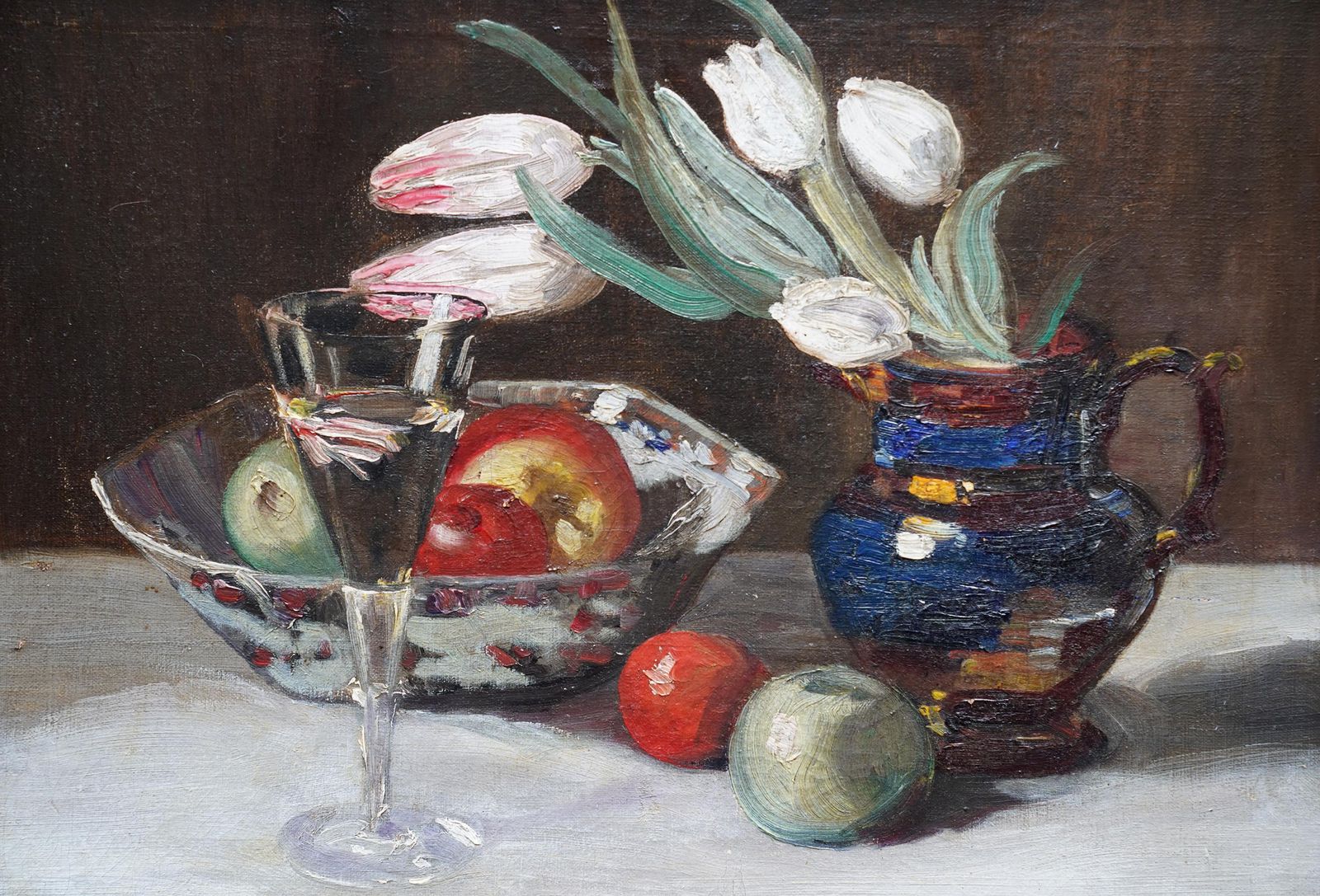 Still Life Of Tulips And Fruit   British 1920's Art Floral Oil Flowerscirca 1920 photo for sale
