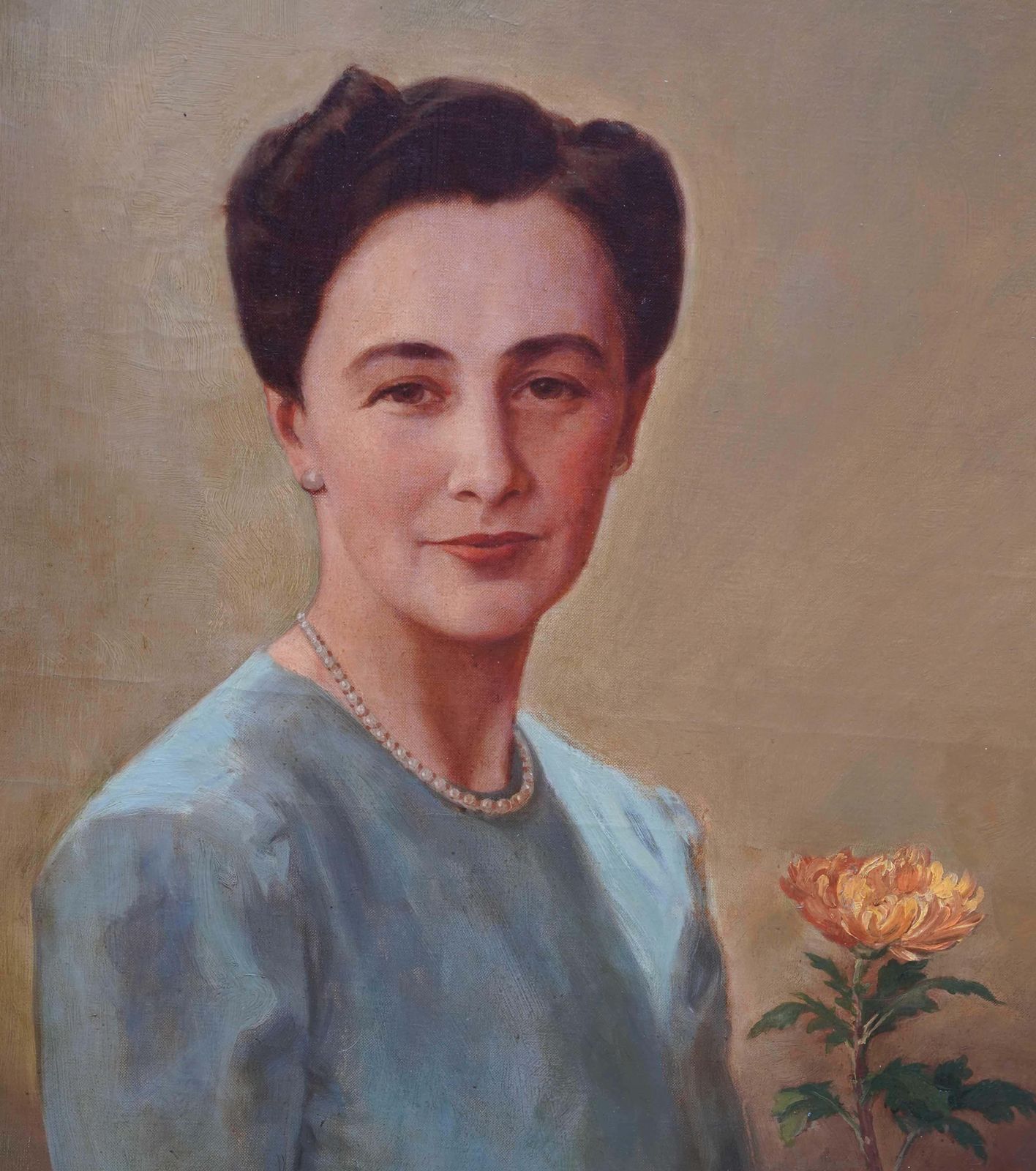 Portrait Of A Lady Arranging Flowers   British 1940's Art Oil Paintingcirca 1940 photo Art