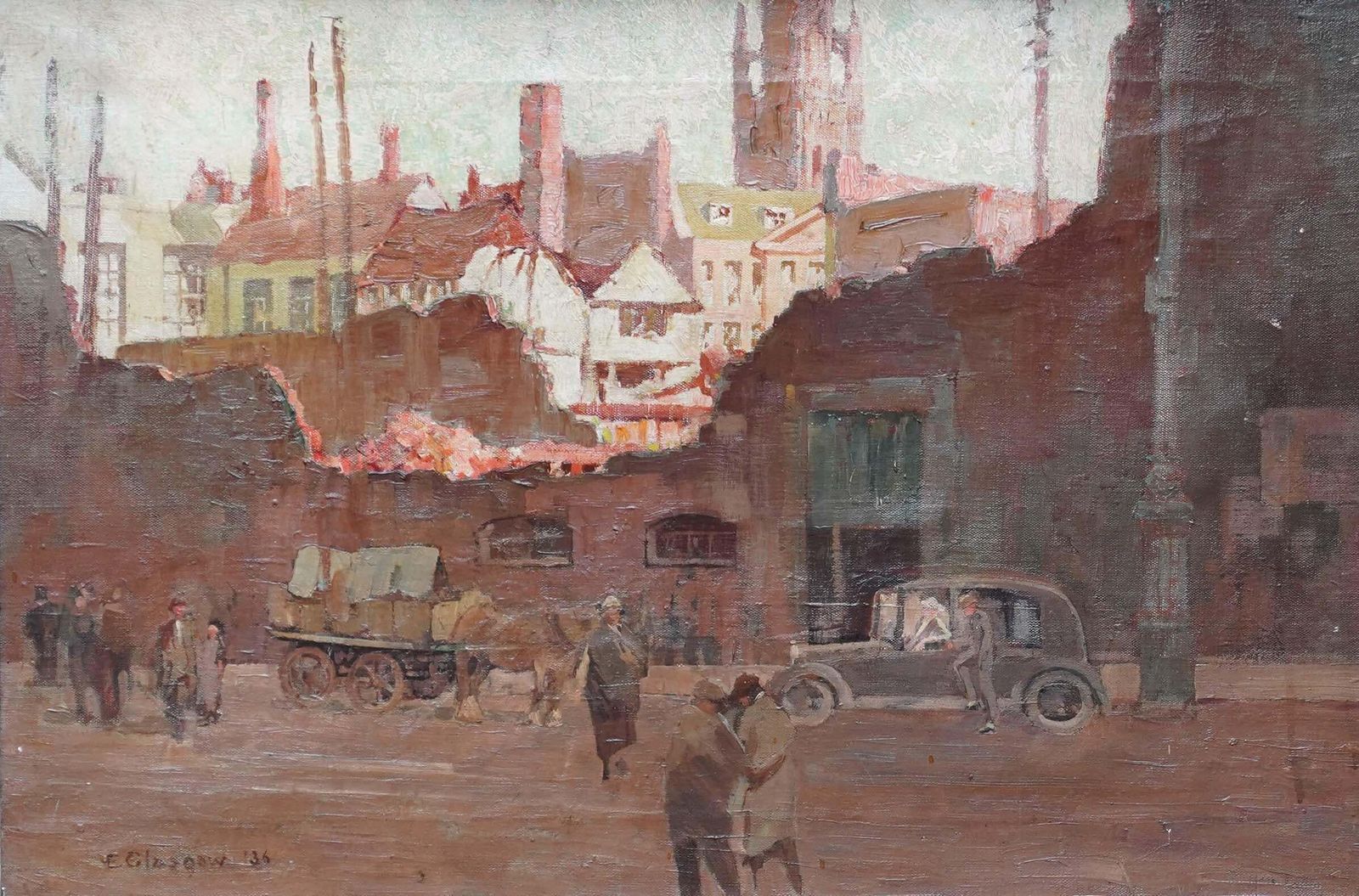 Edwin Glasgowtown Landscape With Figures   British 1930's Post Impressionist Oil Painting Art1936 photo furniture