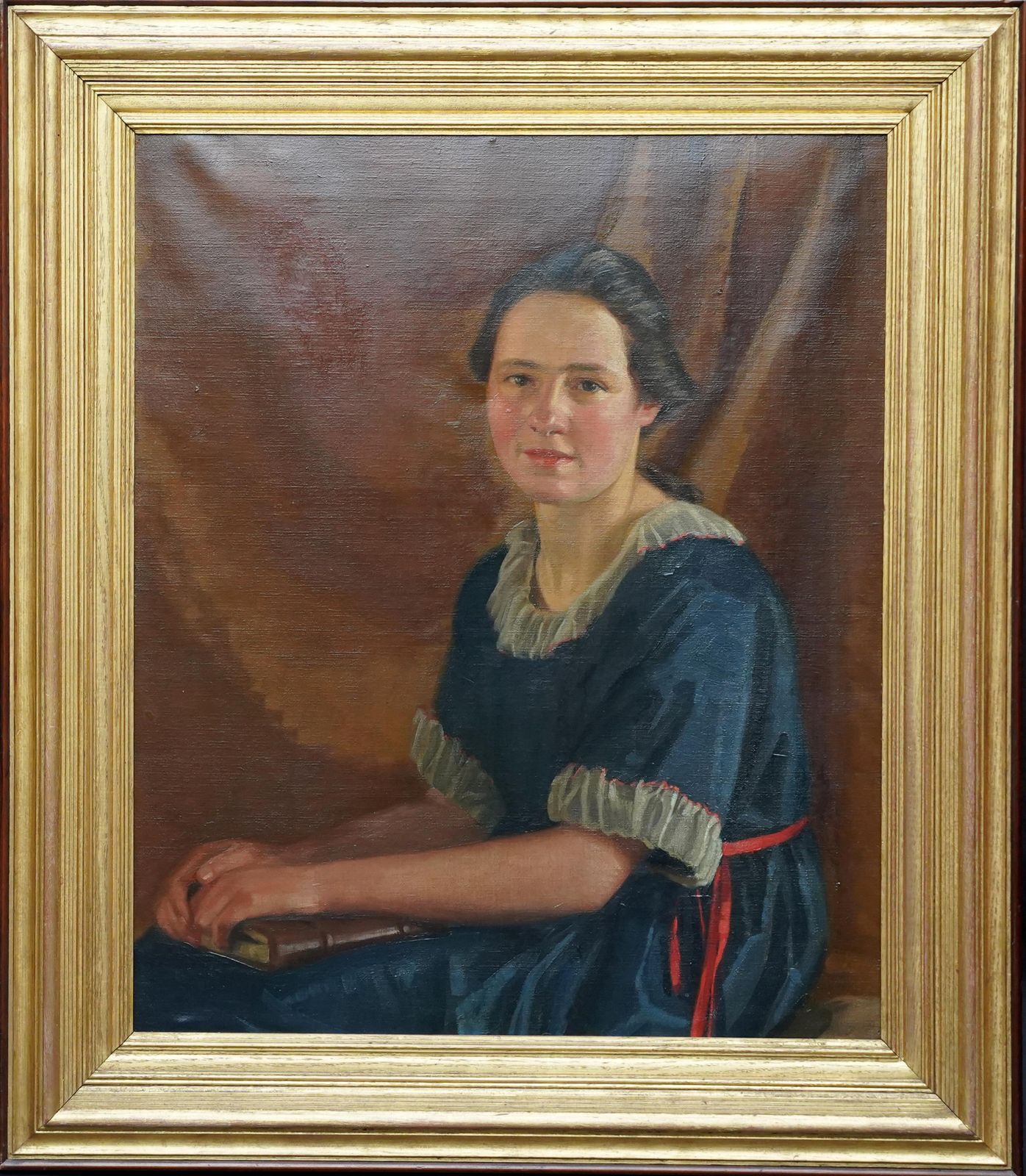 James P. Barracloughportrait Of A Young Woman With Book   British Art Deco 20s Portrait Oil Paintingcirca 1923