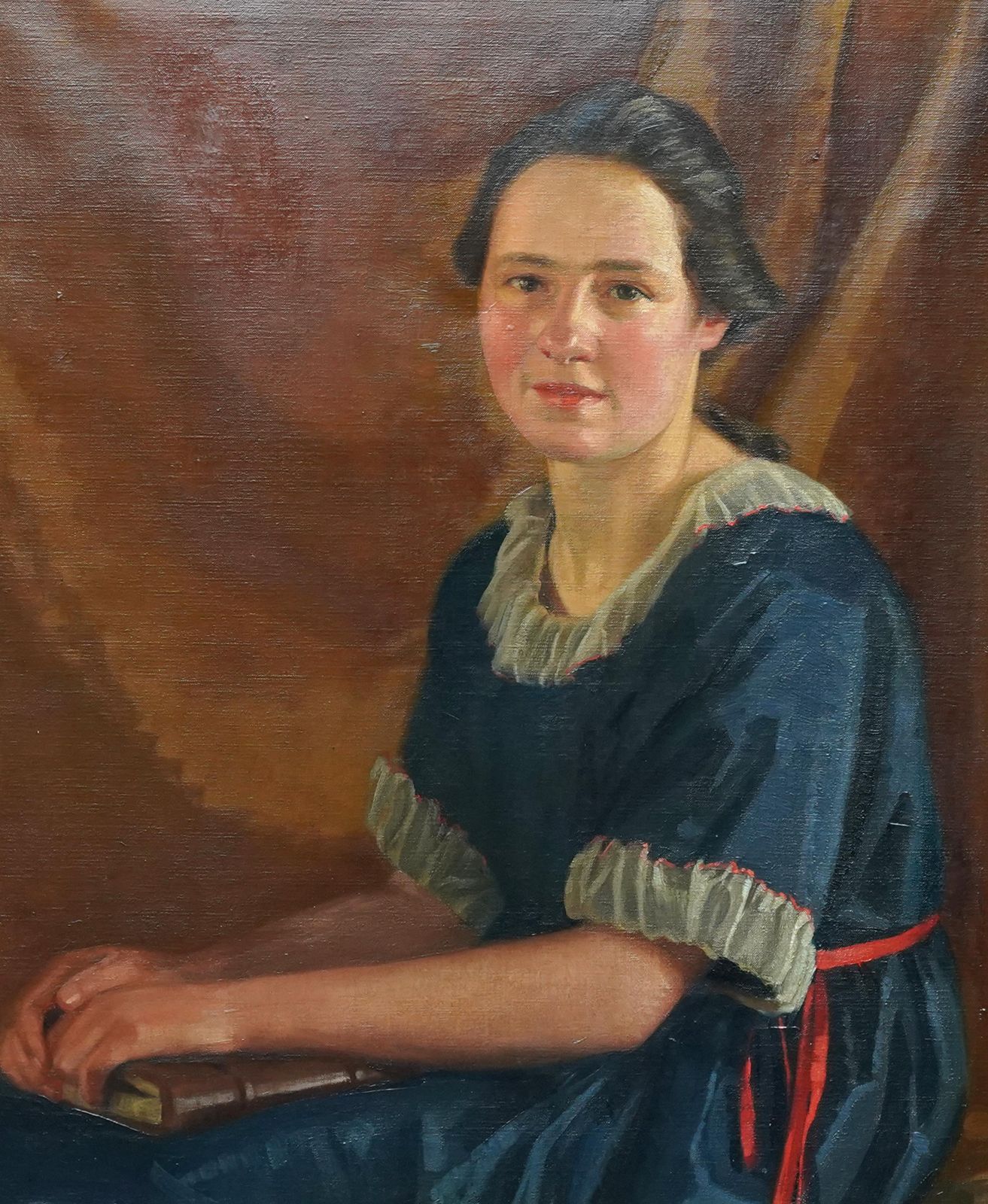 James P. Barracloughportrait Of A Young Woman With Book   British Art Deco 20s Portrait Oil Paintingcirca 1923 photo for sale