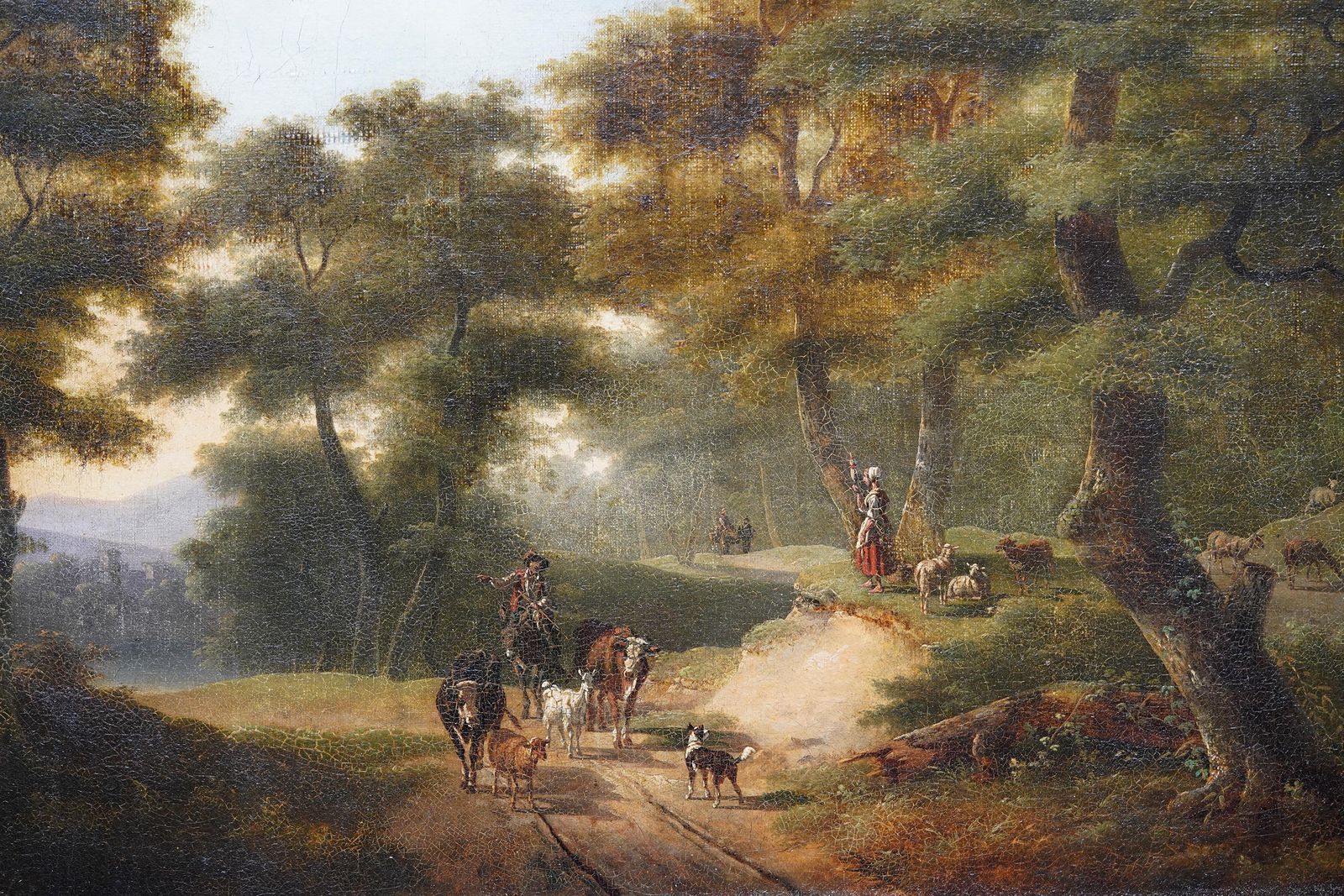Philippe Budelotfigures And Cattle On Woodland Path   French Figurative Landscape Oil Paintingcirca 1800 photo for sale