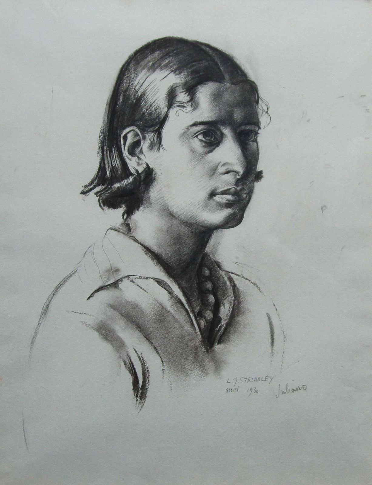 James Stroudleyportrait Of Juliana   British Art Deco Pencil Charcoal Drawing Of A Woman 1930 photo furniture