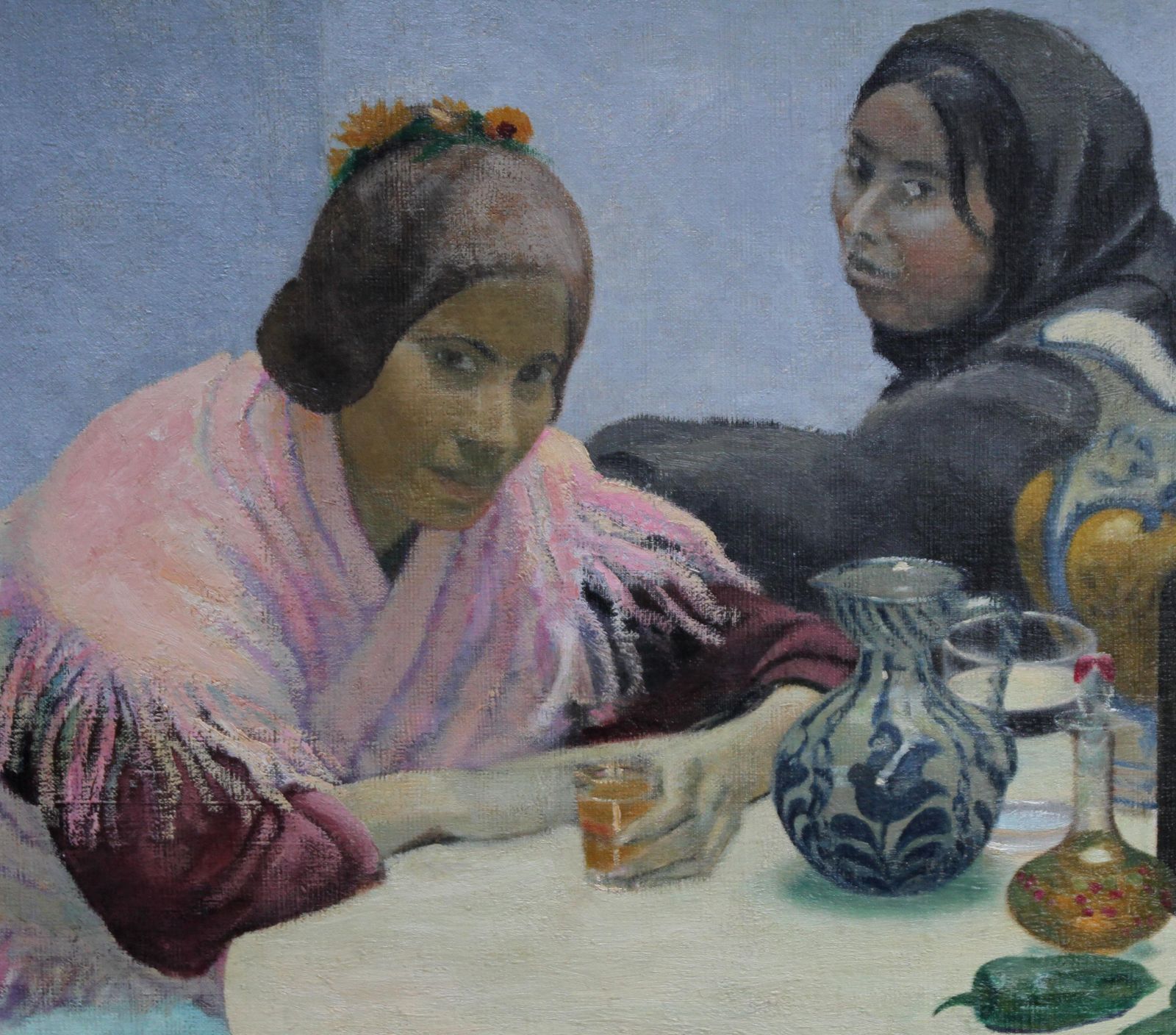 Darsie Japptwo Women In A Cafe   British 1930's Art Oil Portrait Painting Spain Jugs Pinkcirca 1930 photo for sale
