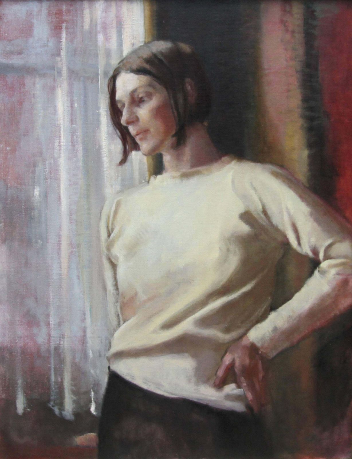 Alice Mary Burtoncontemplation   British 1950's Art Female Portrait Oil Painting Female Artist1955 photo furniture