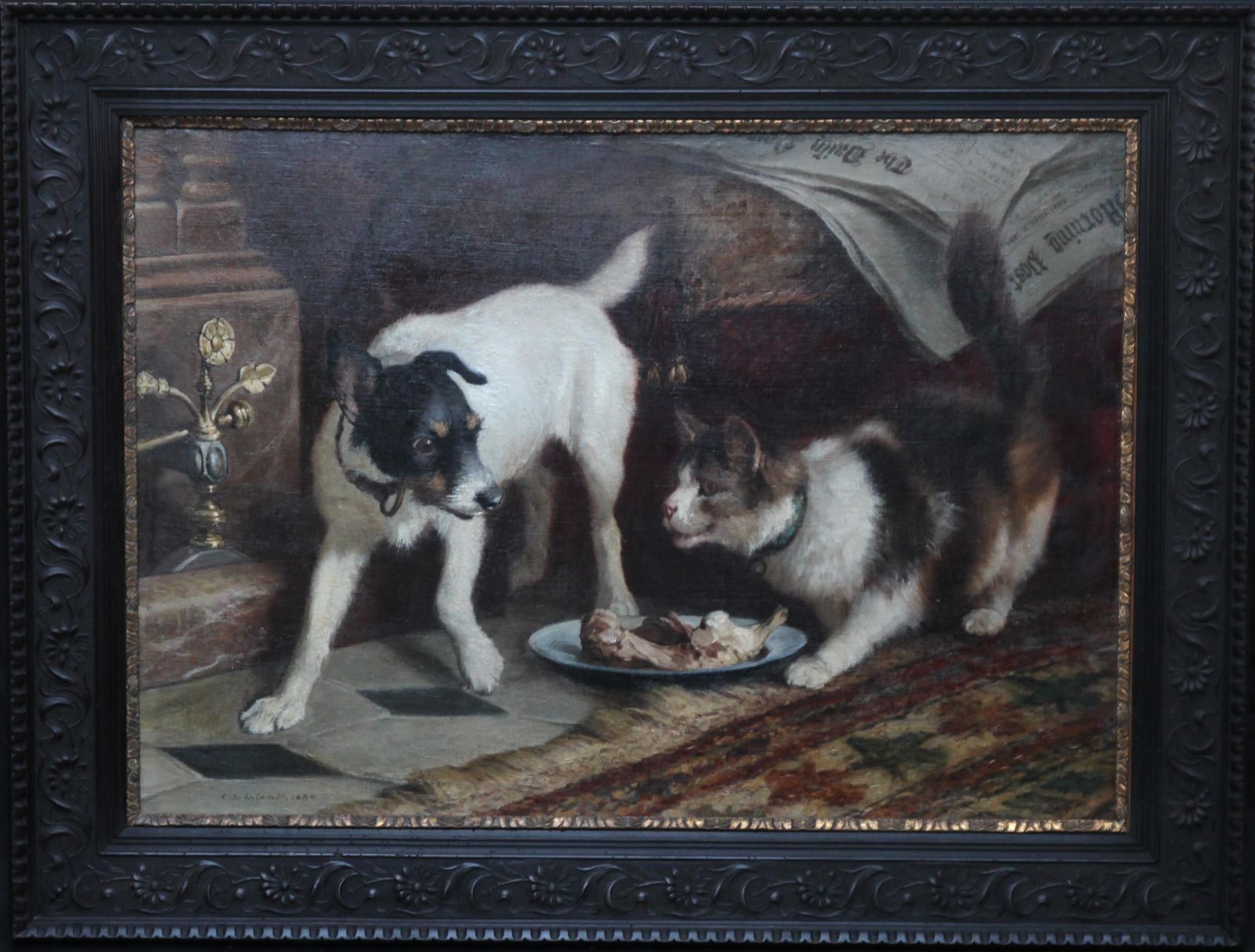 photo vinterior Carl Suhrlandtportrait Of A Cat And Dog   Victorian Genre 1884 Animal Art Oil Painting1884