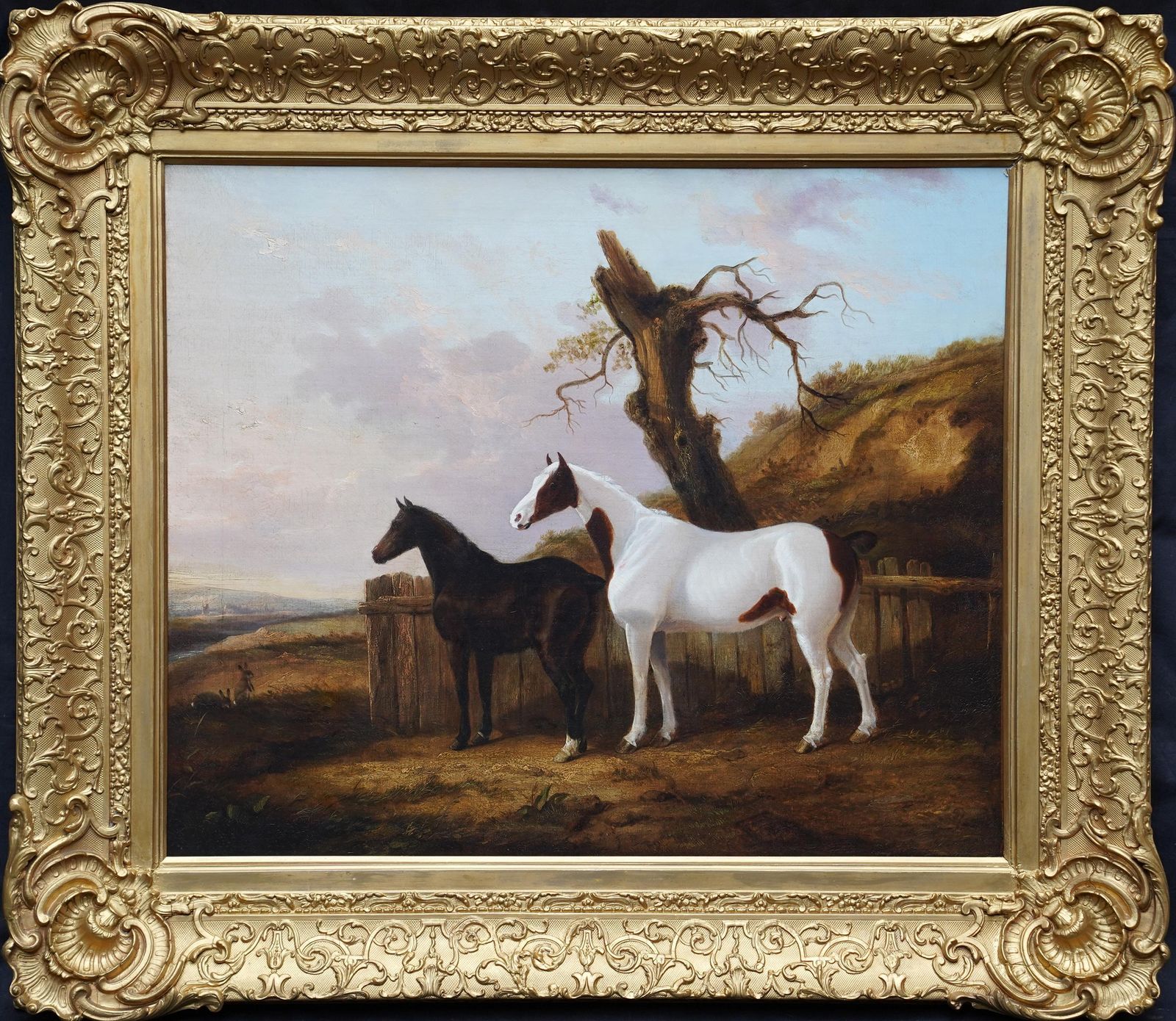 Art Portrait Of Two Horses In A Landscape   British 19thc Equine Art Oil Painting1840 photo