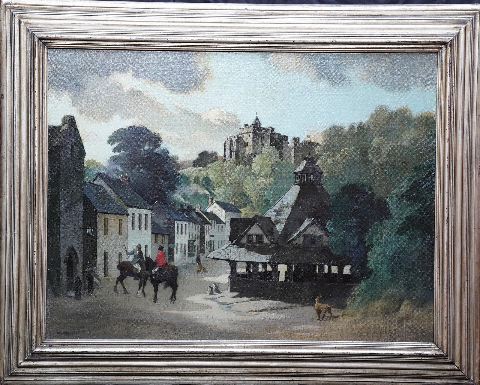 Art Bertram Nicholls Prbathe Yarn Market, Dunster, Somerset   British 1940's Townscape Art Oil Painting1940 photo