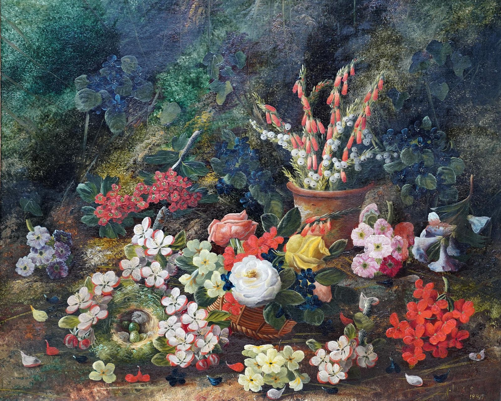 7141.0 Henry John Livensstill Life With Flowers And Bird's Nest   British Art 1880 Floral Oil Painting1880 photo