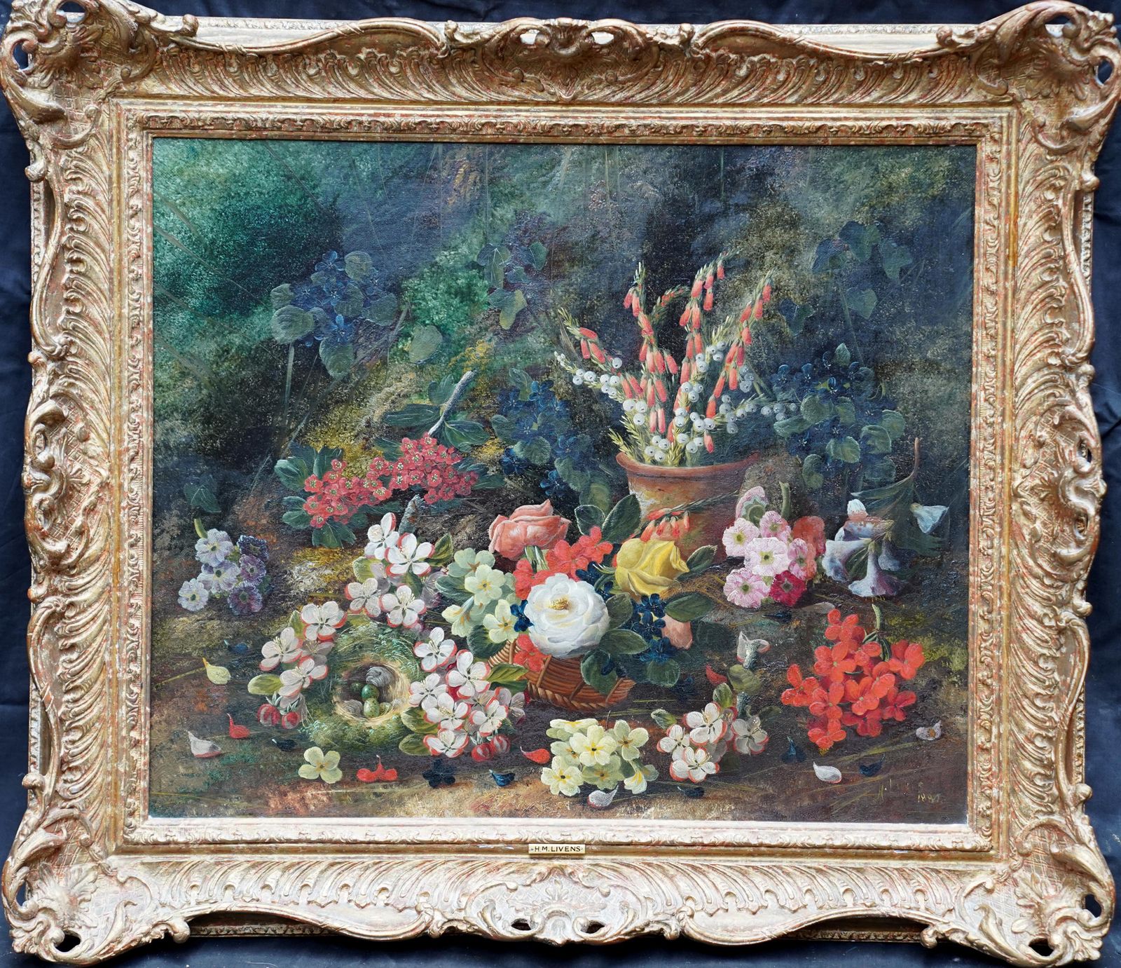 photo vinterior Henry John Livensstill Life With Flowers And Bird's Nest   British Art 1880 Floral Oil Painting1880