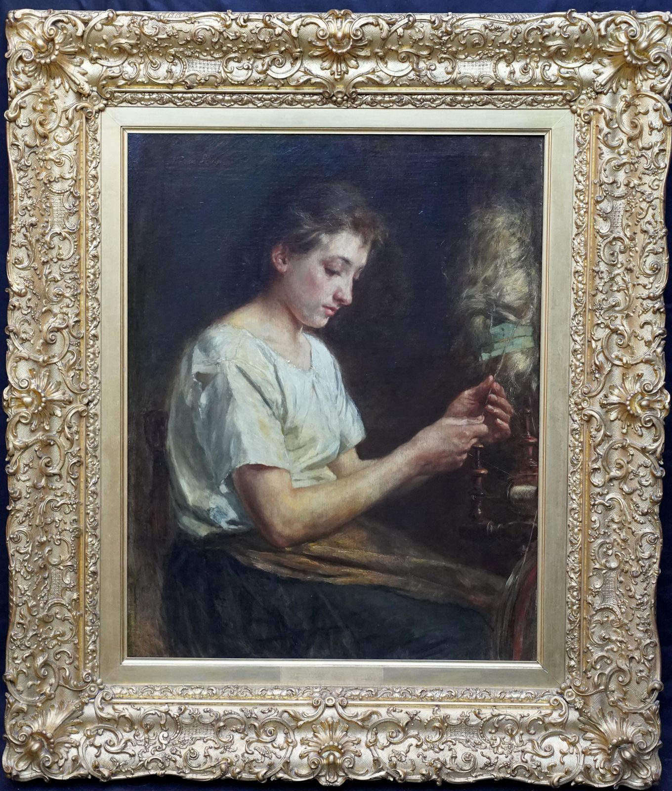 Alfred Ronnerthe Flax Spinner   Belgian Victorian Art Female Portrait Oil Painting Craftworkcirca 1890