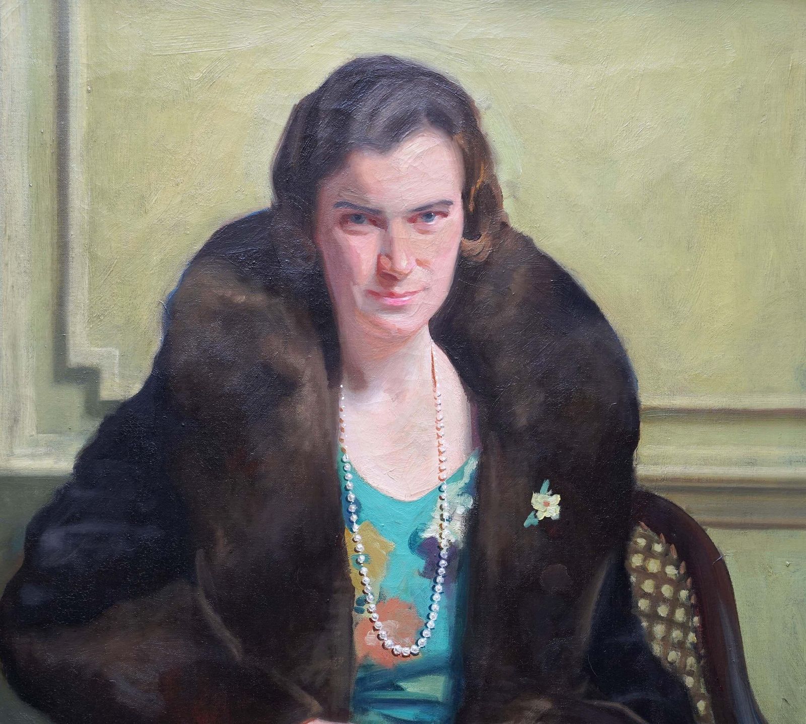 David Cowan Dobsonportrait Of A Lady In Green Dress   Scottish 1930's Art Deco Oil Painting 1931 photo for sale