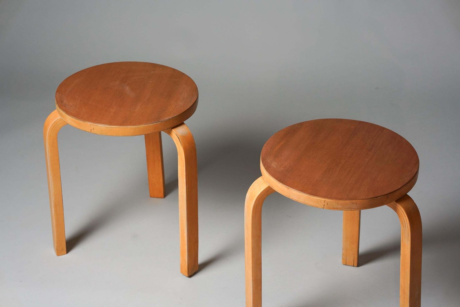Pair Of Teak Aalto Model 60 Stools, Oy Huonekalu  Ja Rakennustyötehdas Ab, 1940s photo for sale