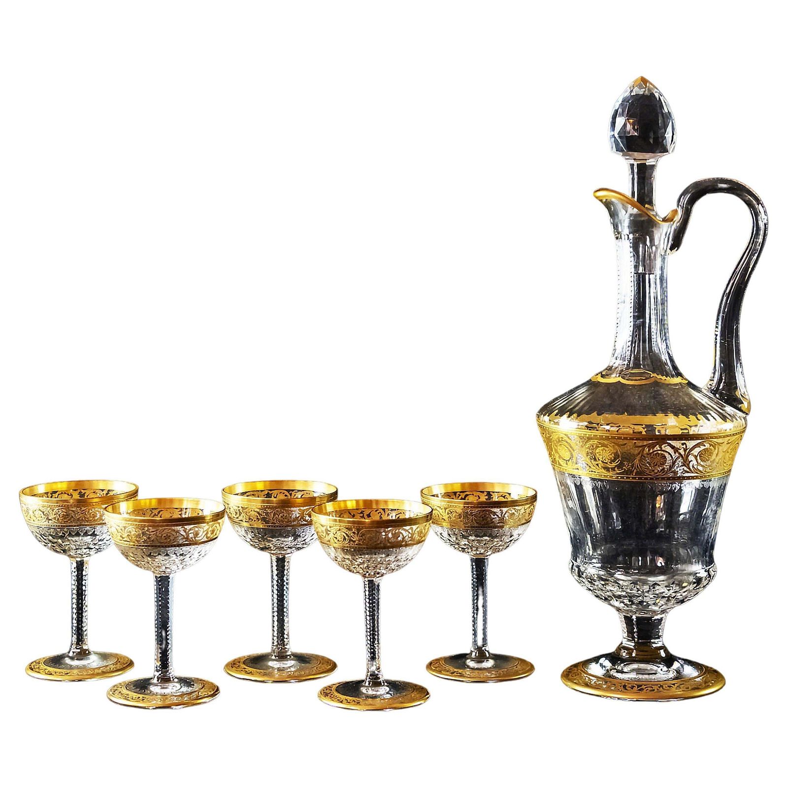 Set Of 6 Pcs. French Saint Louis Crystal Carafe With Sherry Glasses