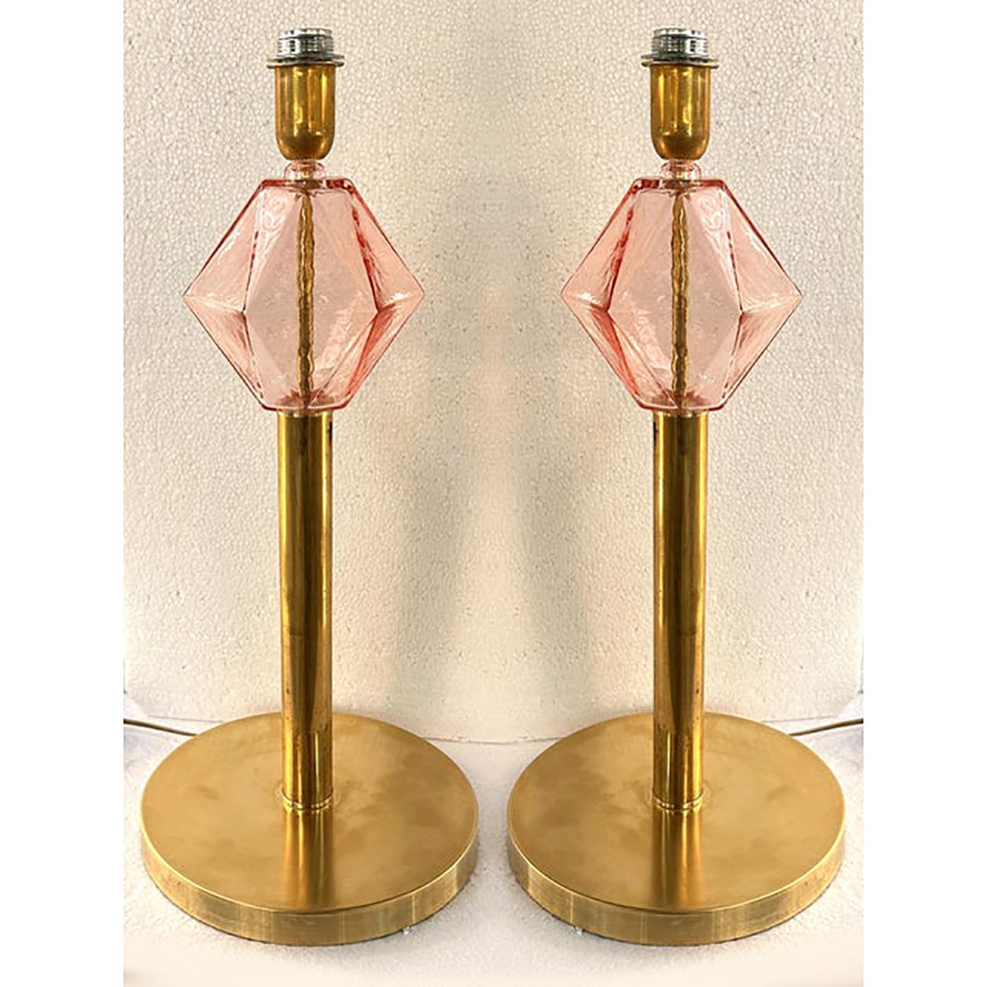 Set Of Two Contemporary Italian Pink Murano Style Glass Table Lamps With Unlaquered Brass photo furniture