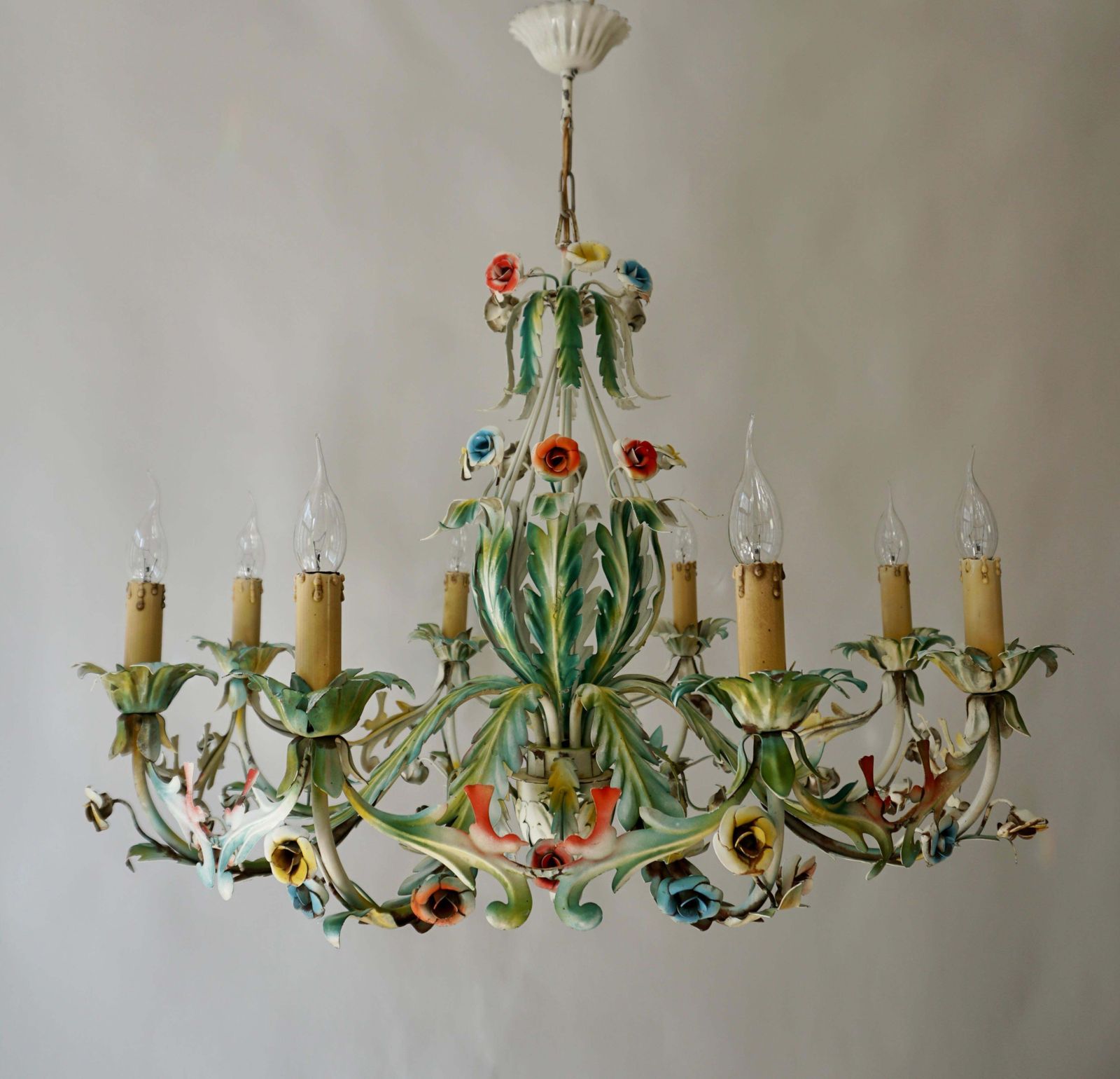 Large Polychrome Painted Metal Chandelier With Flowers And Birds photo furniture