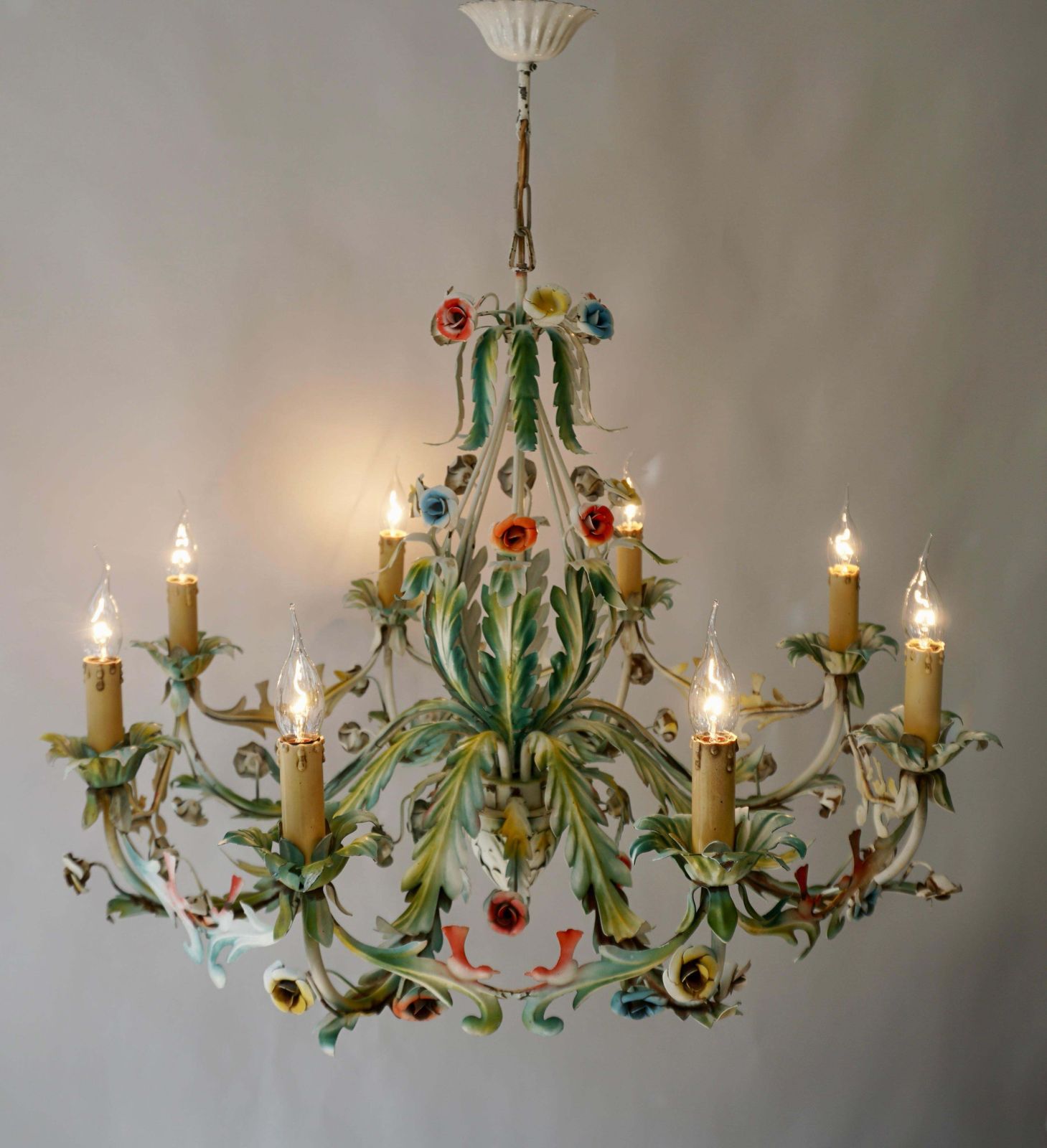 Large Polychrome Painted Metal Chandelier With Flowers And Birds photo 2975.0