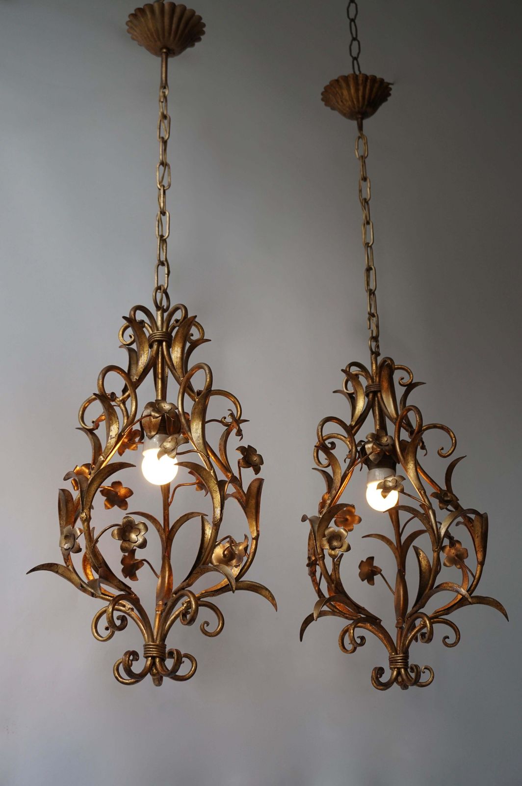 Set Of Two Italian, 1950s Gilt Tole Foliate Chandeliers photo vintage