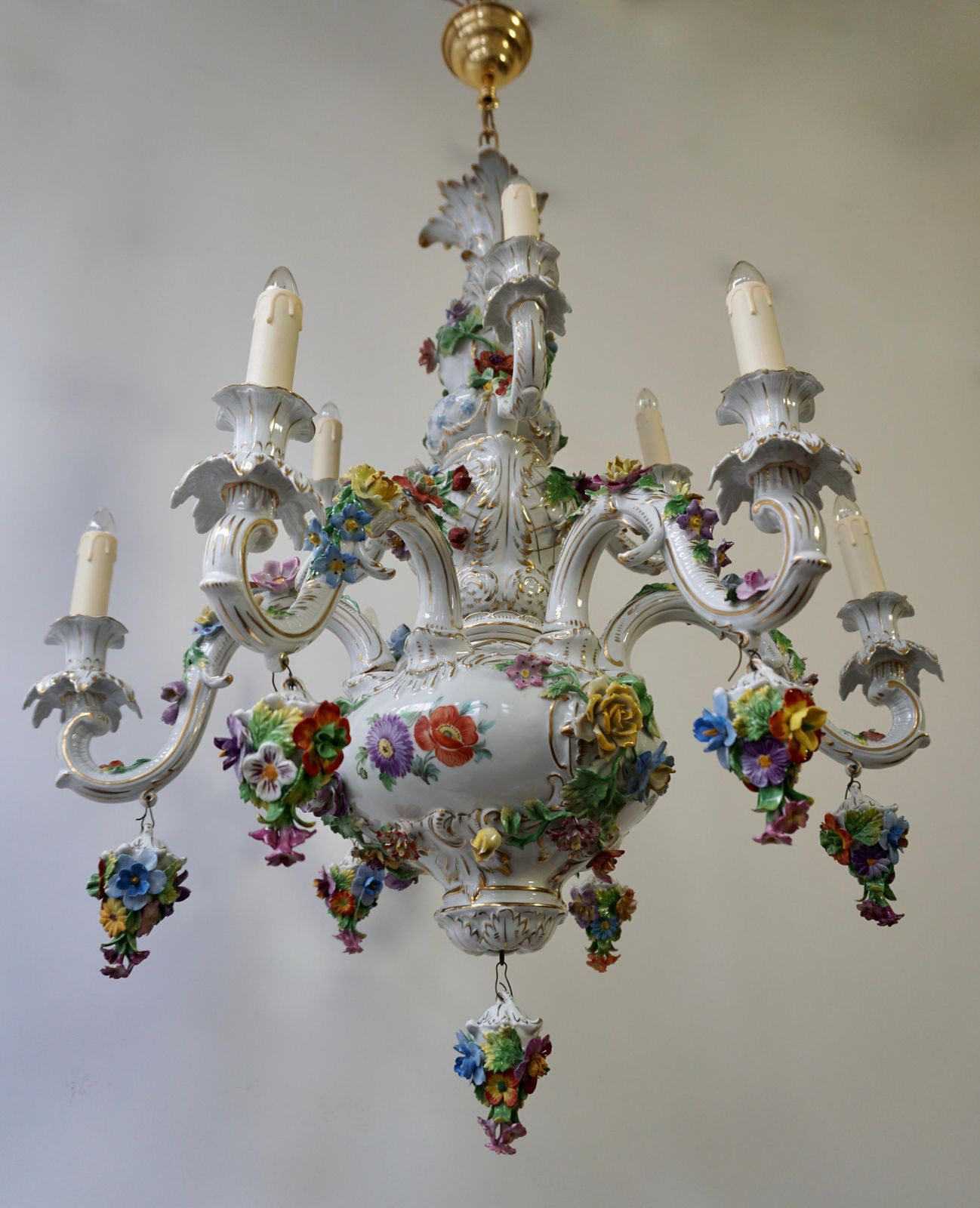 Spectacular Large Italian Rococo Style Porcelain Floral Chandelier photo vintage