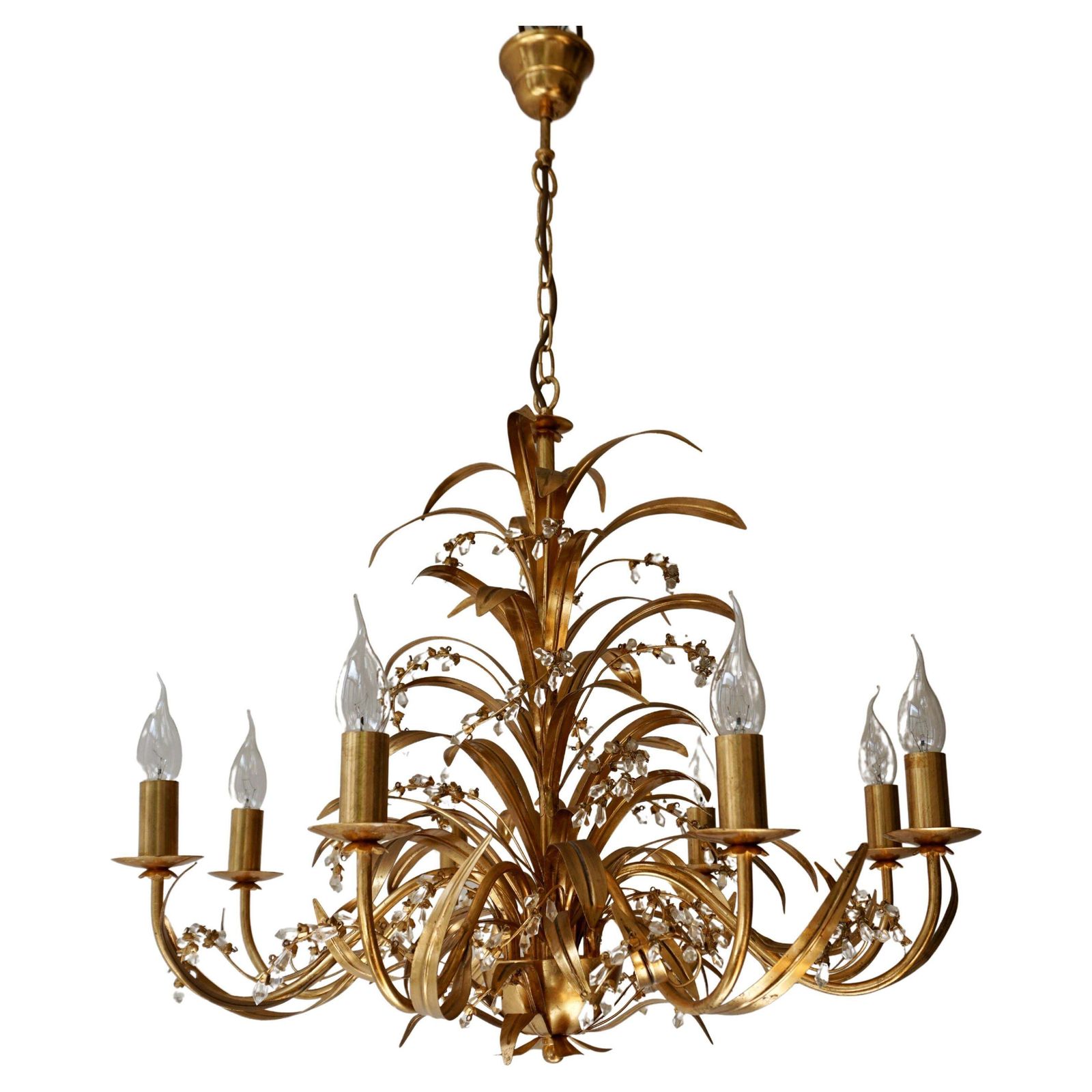 Italian Gilt Tole And Crystal Palm Frond Chandelier
