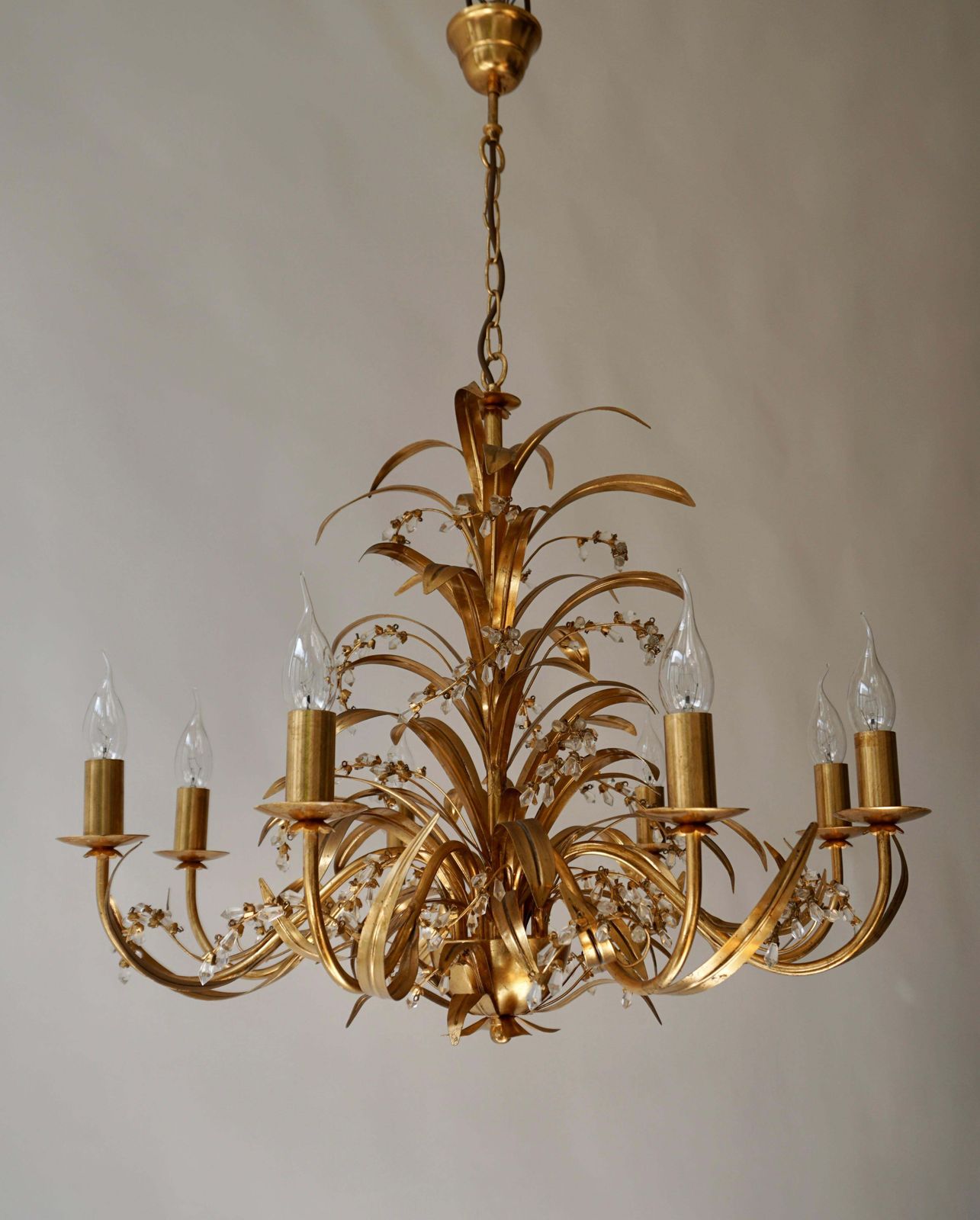 photo for sale Italian Gilt Tole And Crystal Palm Frond Chandelier