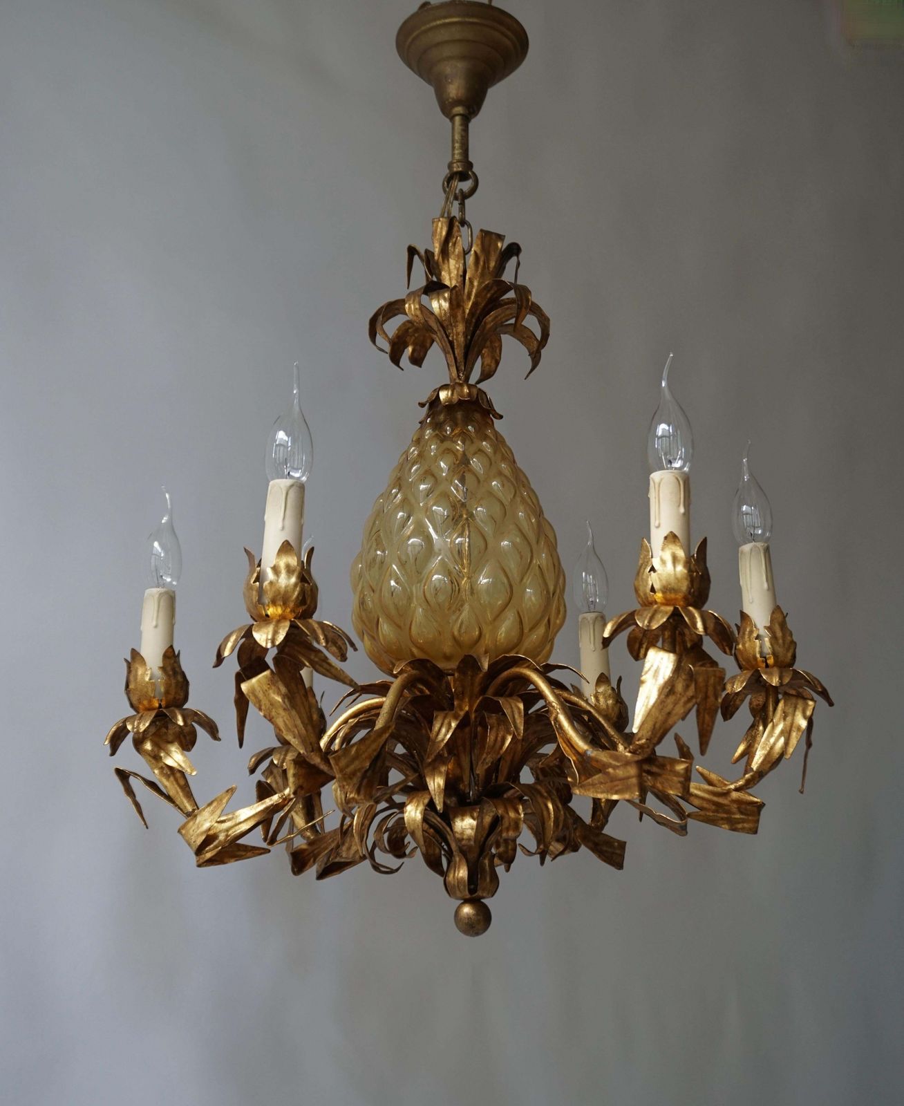 photo for sale Midcentury Hollywood Regency Murano Glass Pineapple Chandelier