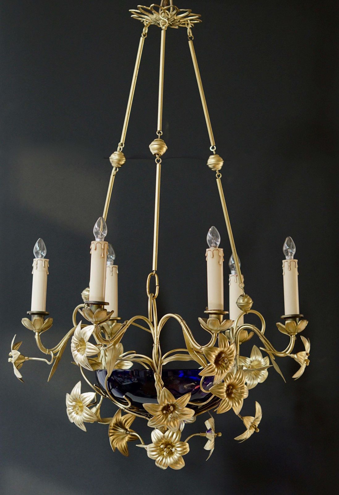 Italian Brass Chandelier With Lilies And Cranberry Glass photo vinterior