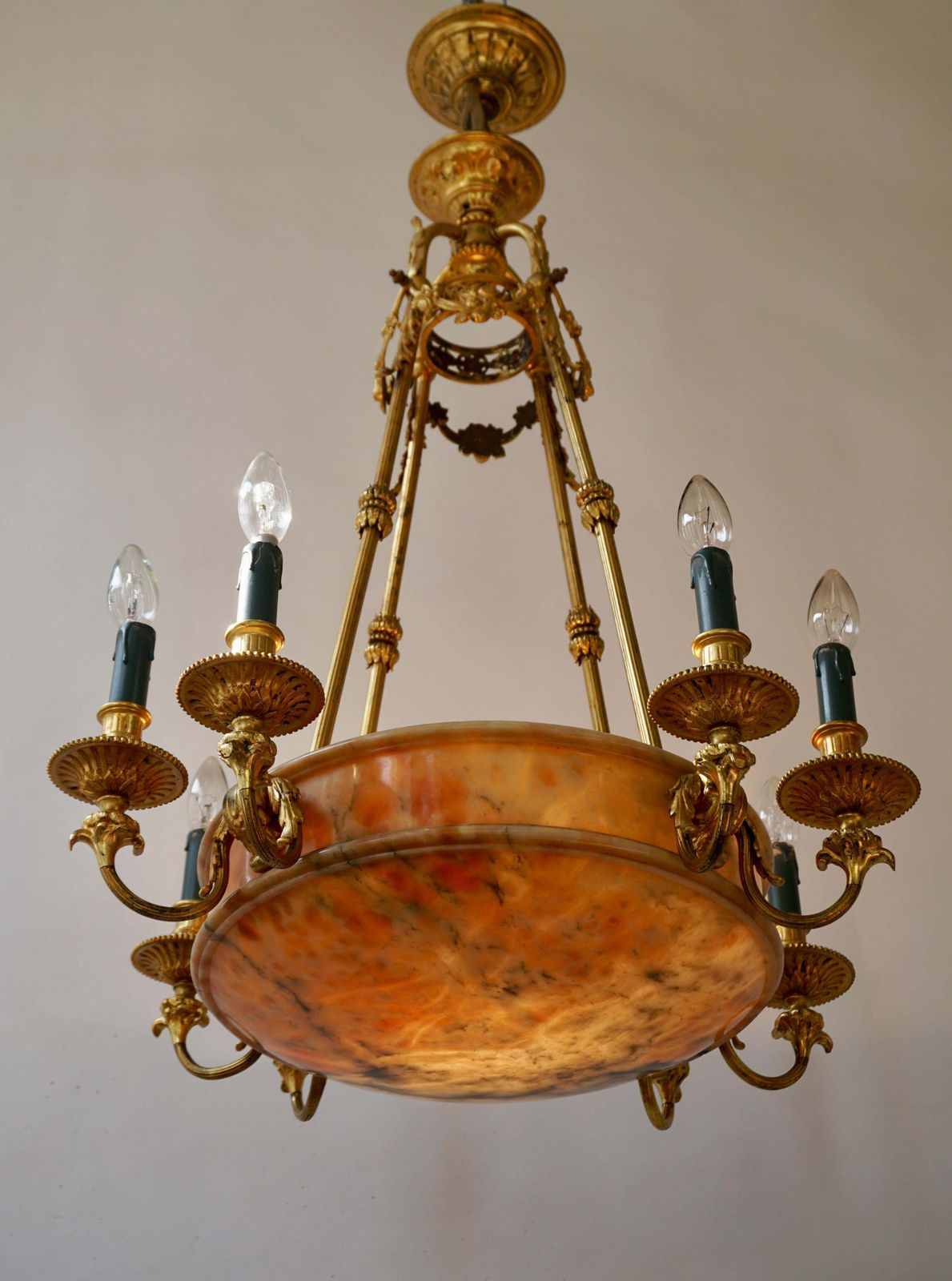 Rare Early French 20th Century Art Deco Bronze And Alabaster Chandelier photo vintage