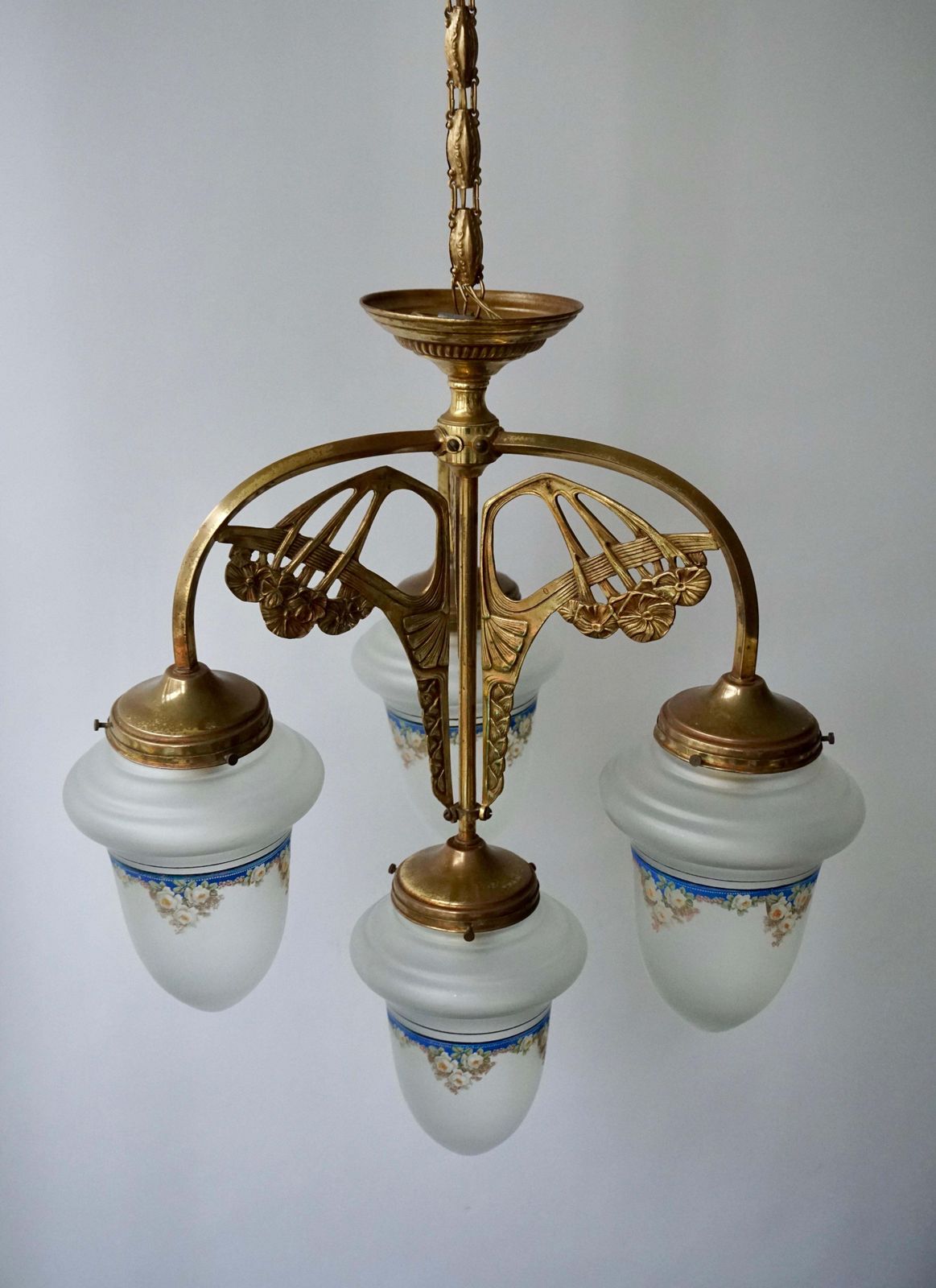 Art Nouveau Chandelier In Painted Glass And Brass photo buy
