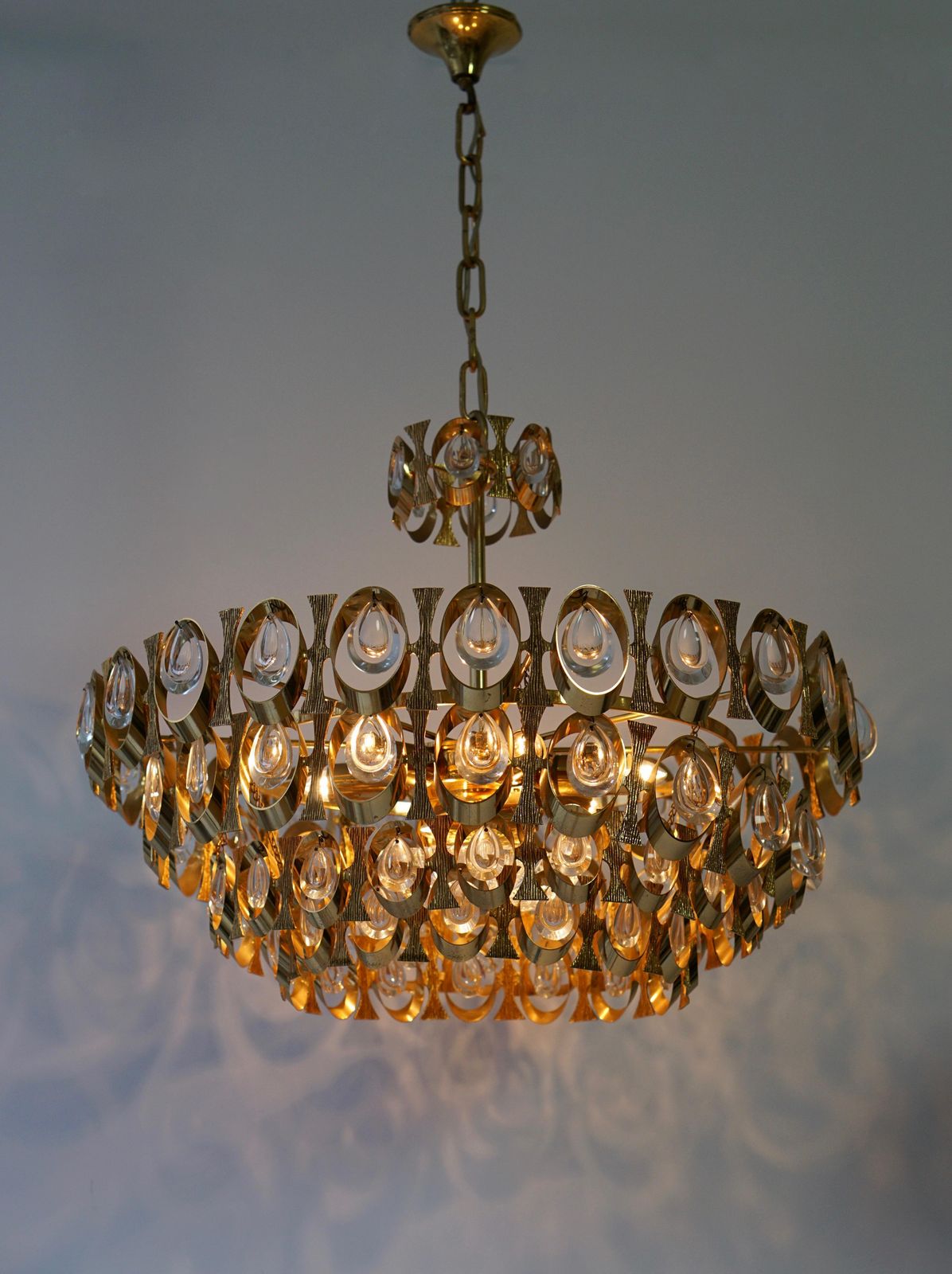 1960s Palwa Six Light Crystal Glass And Gilt Brass Chandelier By Palwa photo buy