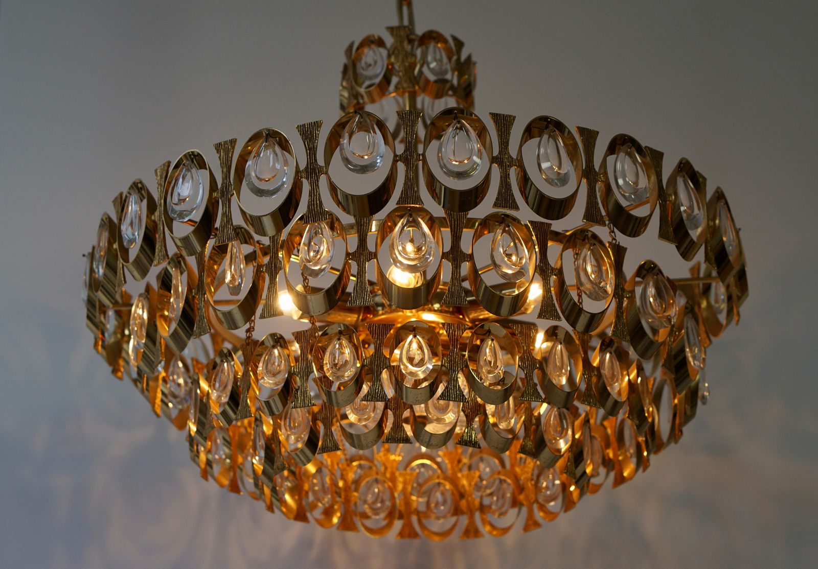 photo furniture 1960s Palwa Six Light Crystal Glass And Gilt Brass Chandelier By Palwa