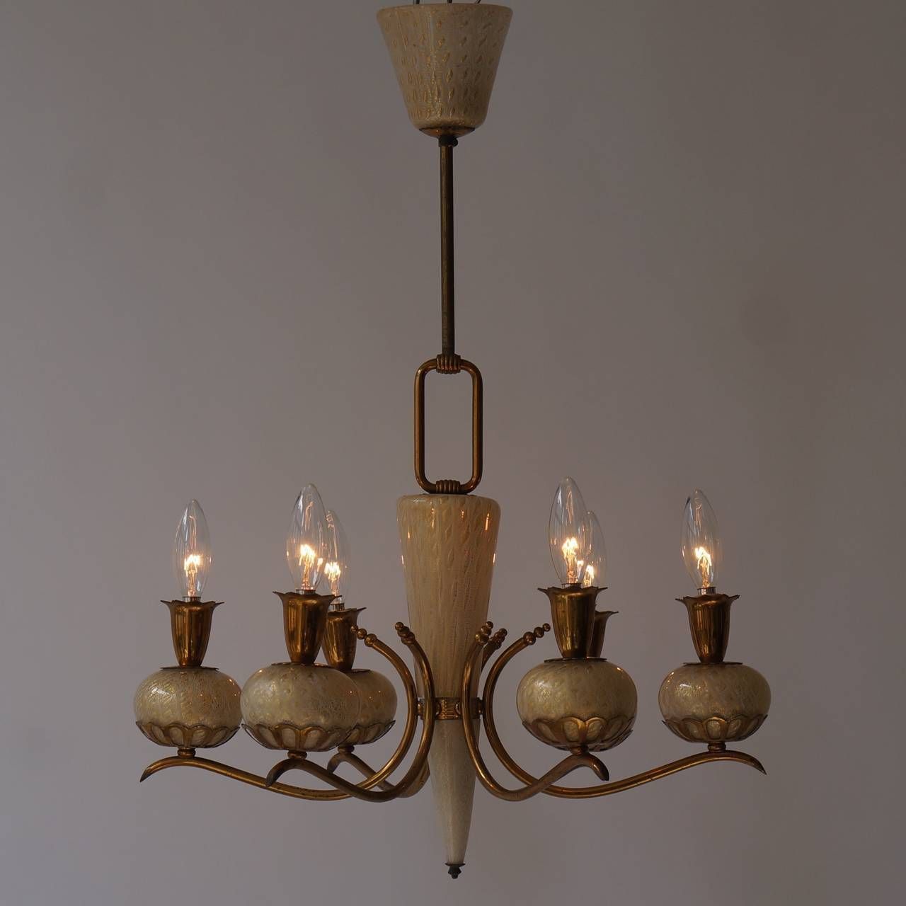 Elegant Italian Murano Gold Glass And Brass Chandelier By Barovier & Torso photo for sale