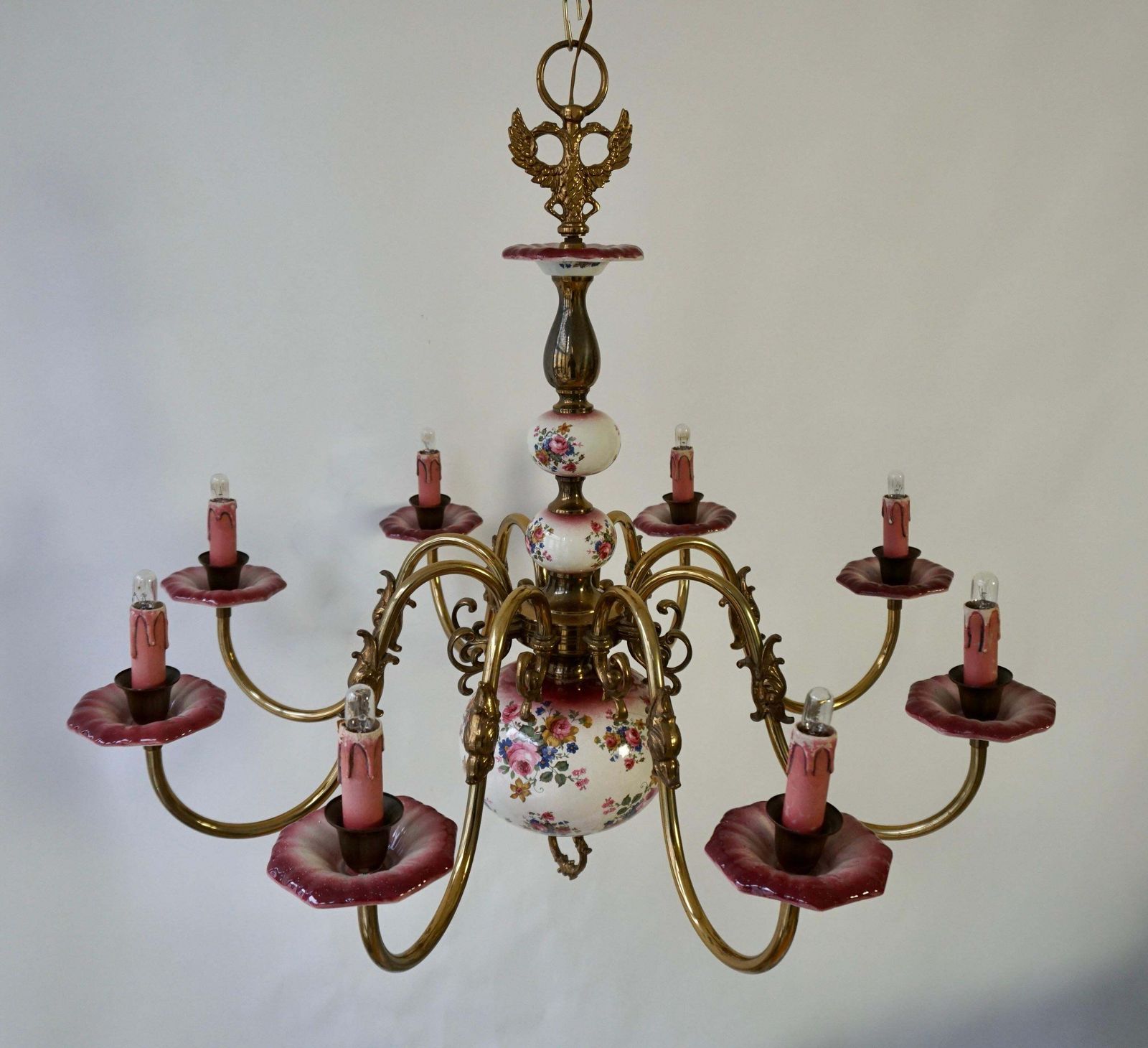 Glorious Large Delft Chandelier In Brass And Porcelain Flowers photo furniture