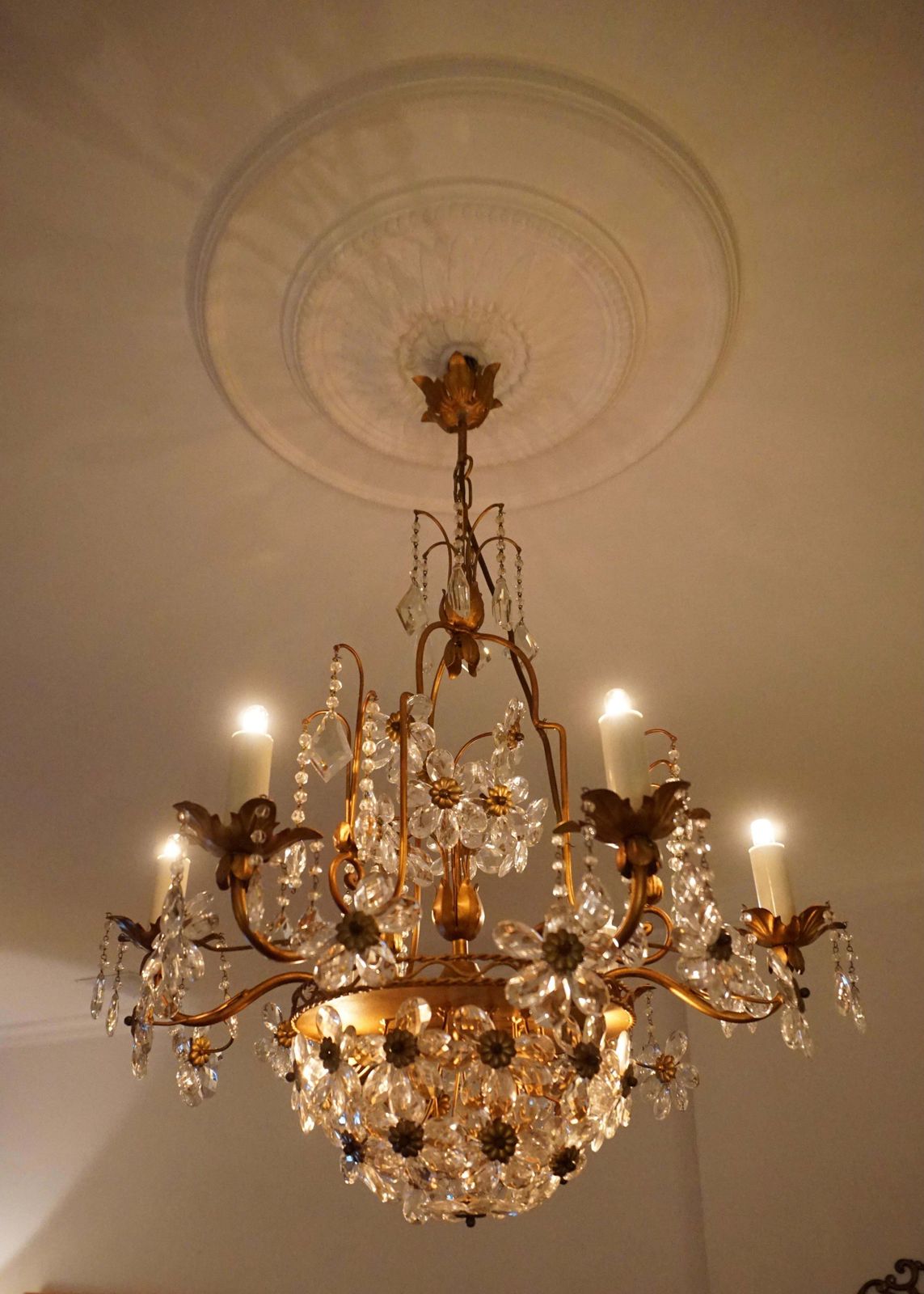 Italian Brass Gilt Chandelier With Glass Flowers photo for sale